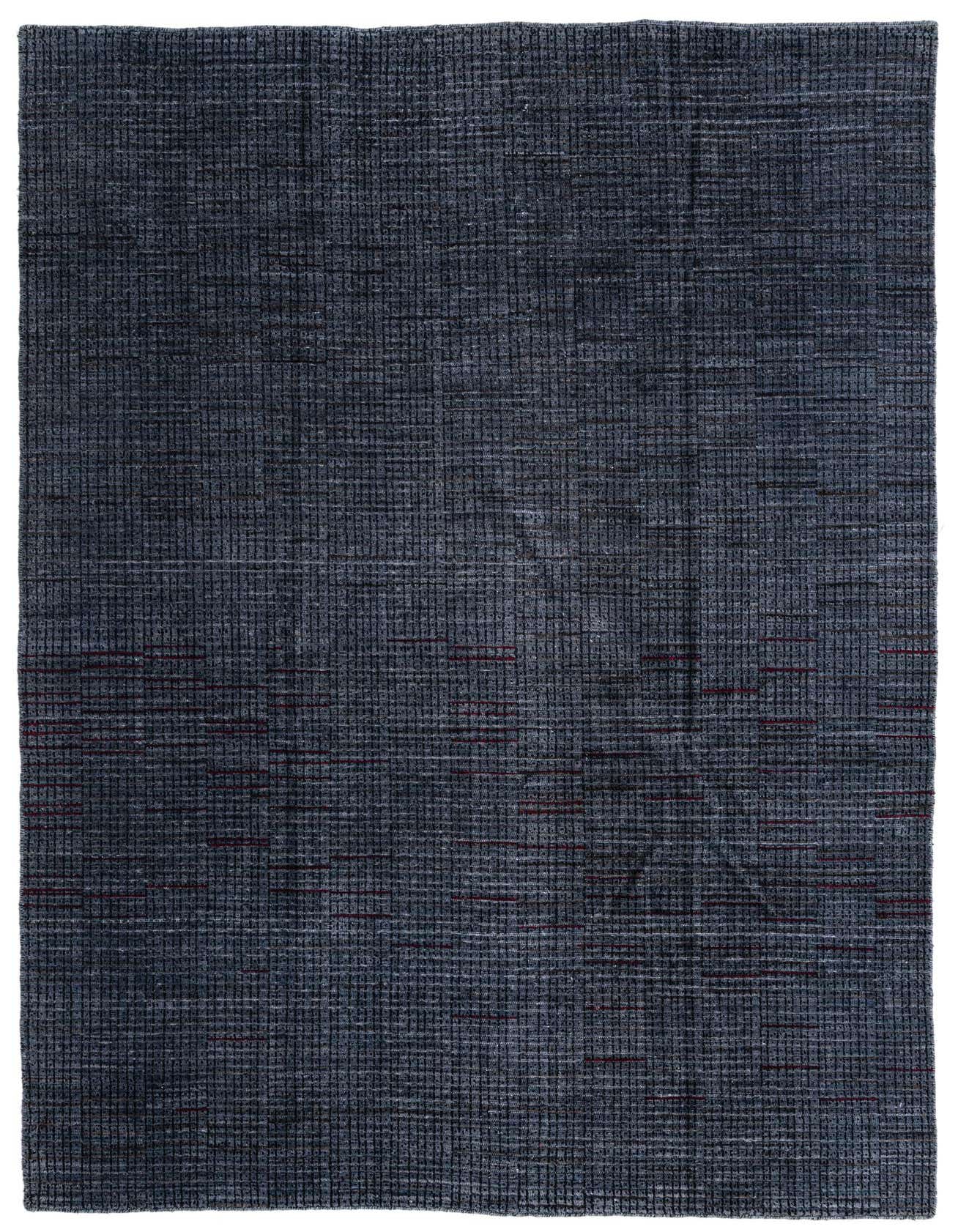 A 7x10 rectangular gray modern wool rug with a subtle textured pattern and hints of red, suitable for a living room or office.