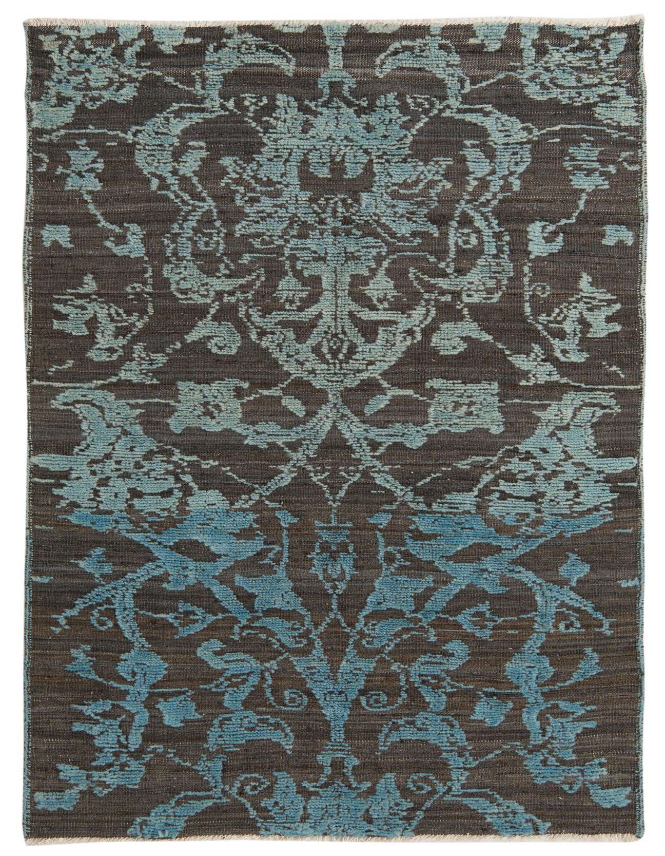 A 4x6 rectangular Darya rug with a textured gray background and an abstract oriental pattern in light blue.