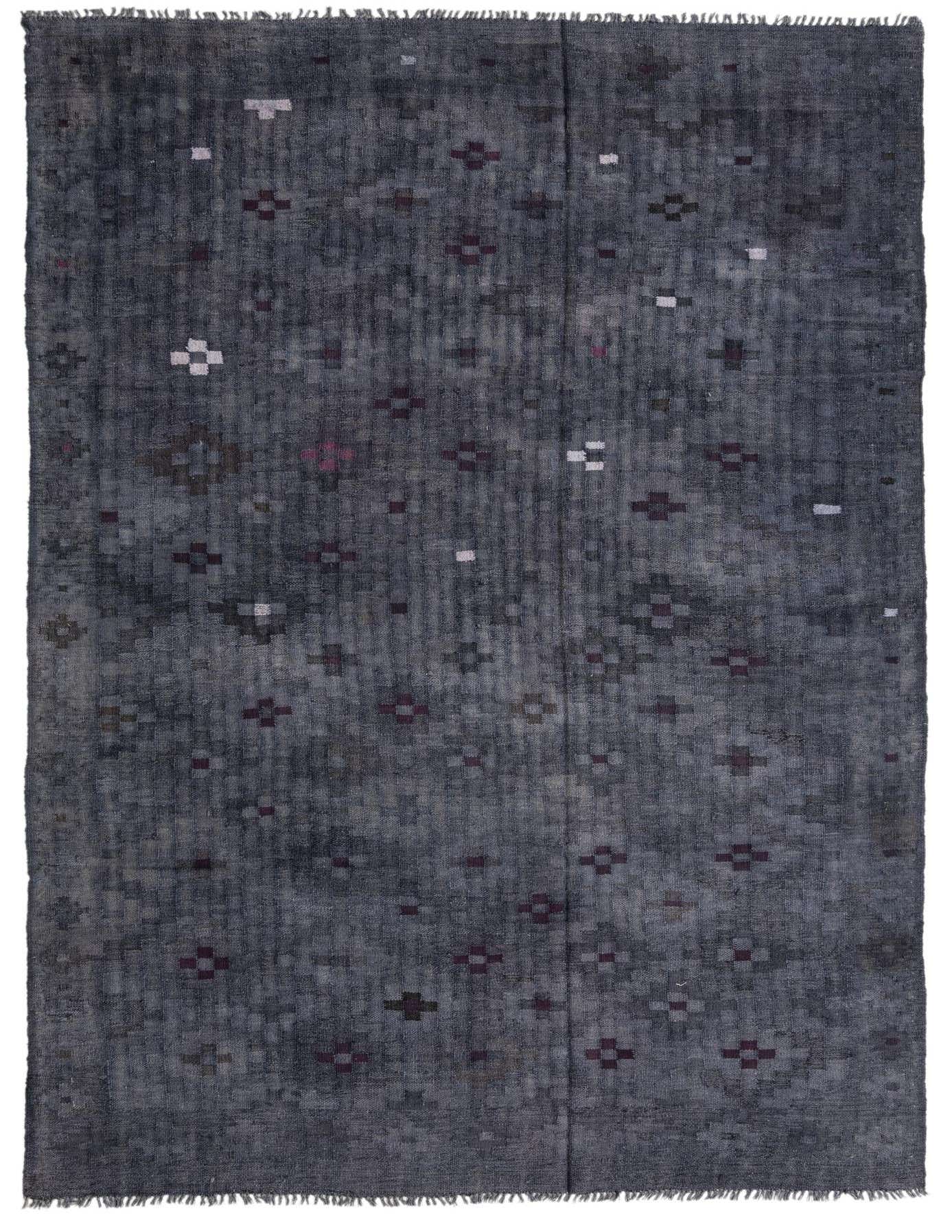A 6x9 rectangular gray wool Kilim Fars rug with scattered small abstract patterns in white and deep purple.