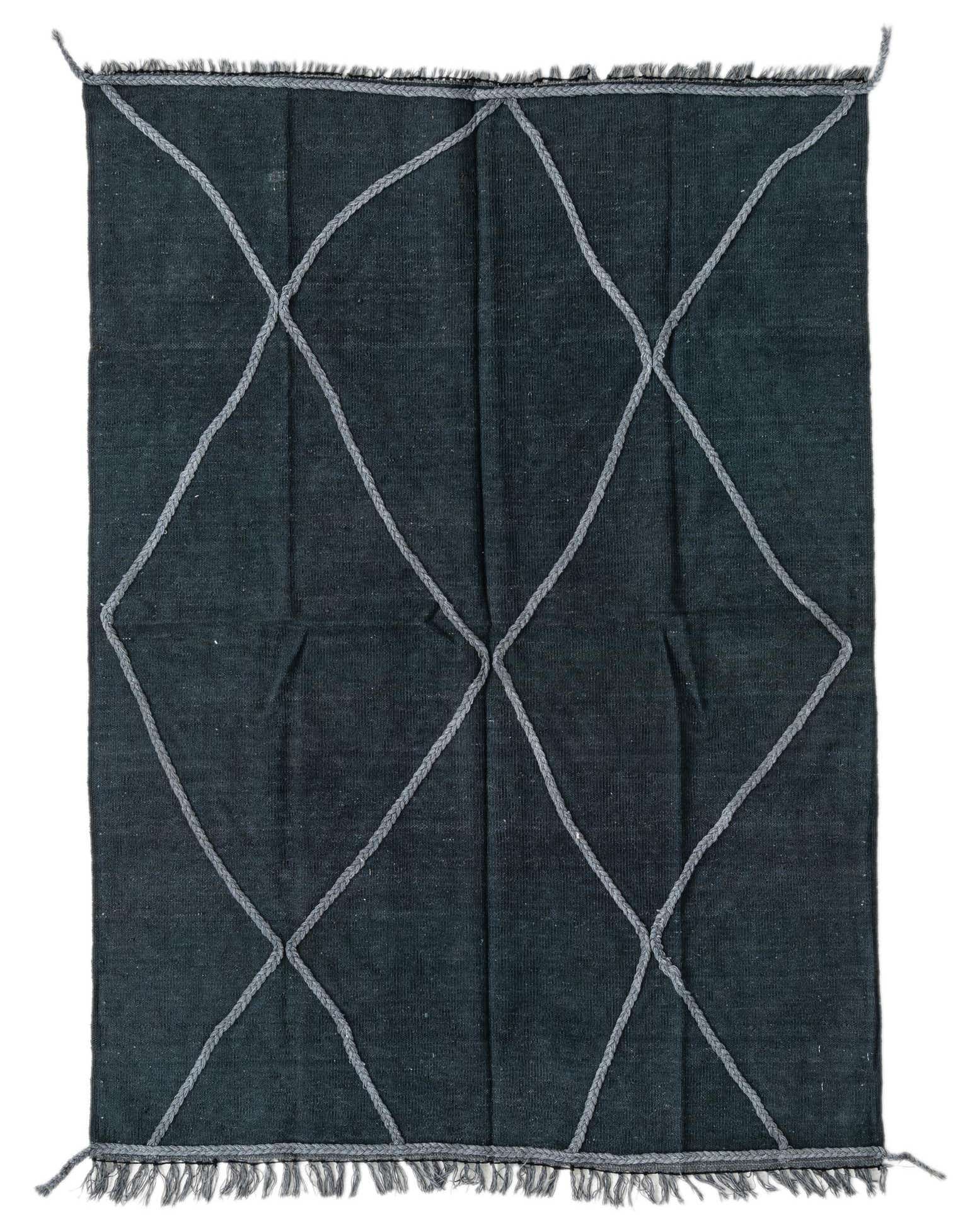 A 4x6 rectangular gray flatweave wool rug with a modern tribal diamond pattern made from raised braided cords, suitable for a living room.