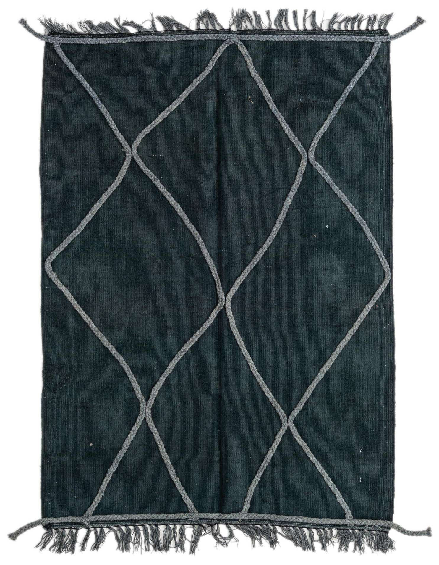 A 3x5 rectangular gray flatweave wool rug with a modern tribal diamond pattern formed by braided texture, featuring fringed ends.