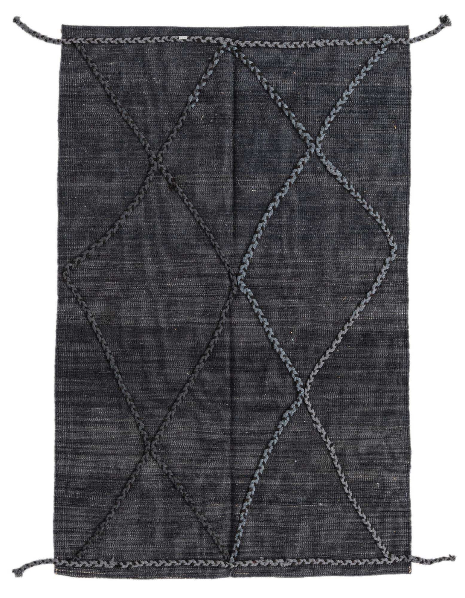 A 3x5 rectangular gray flatweave wool rug with a textured tribal diamond pattern made from braided dark gray lines.