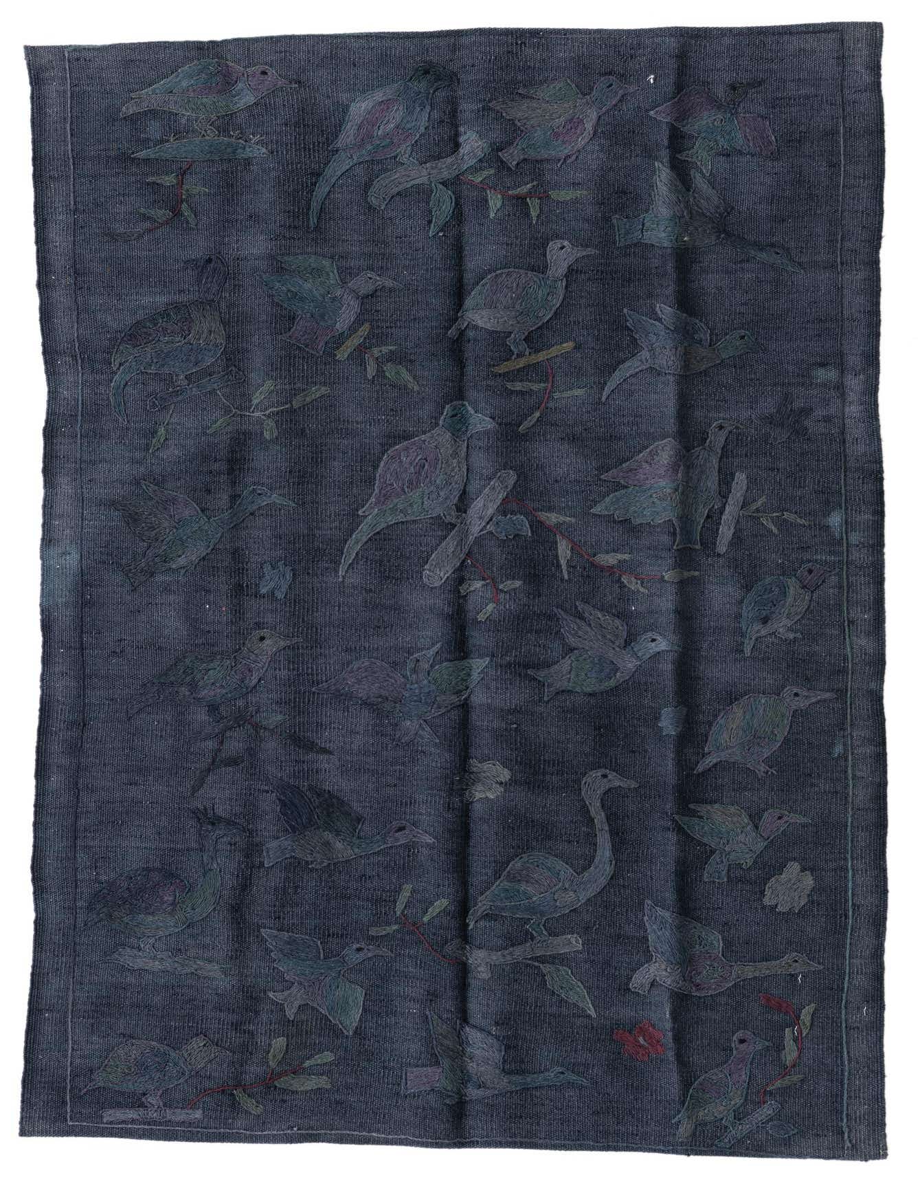 A 3x4 rectangular gray flatweave wool rug featuring a repeating pattern of various birds and branches in muted tones.