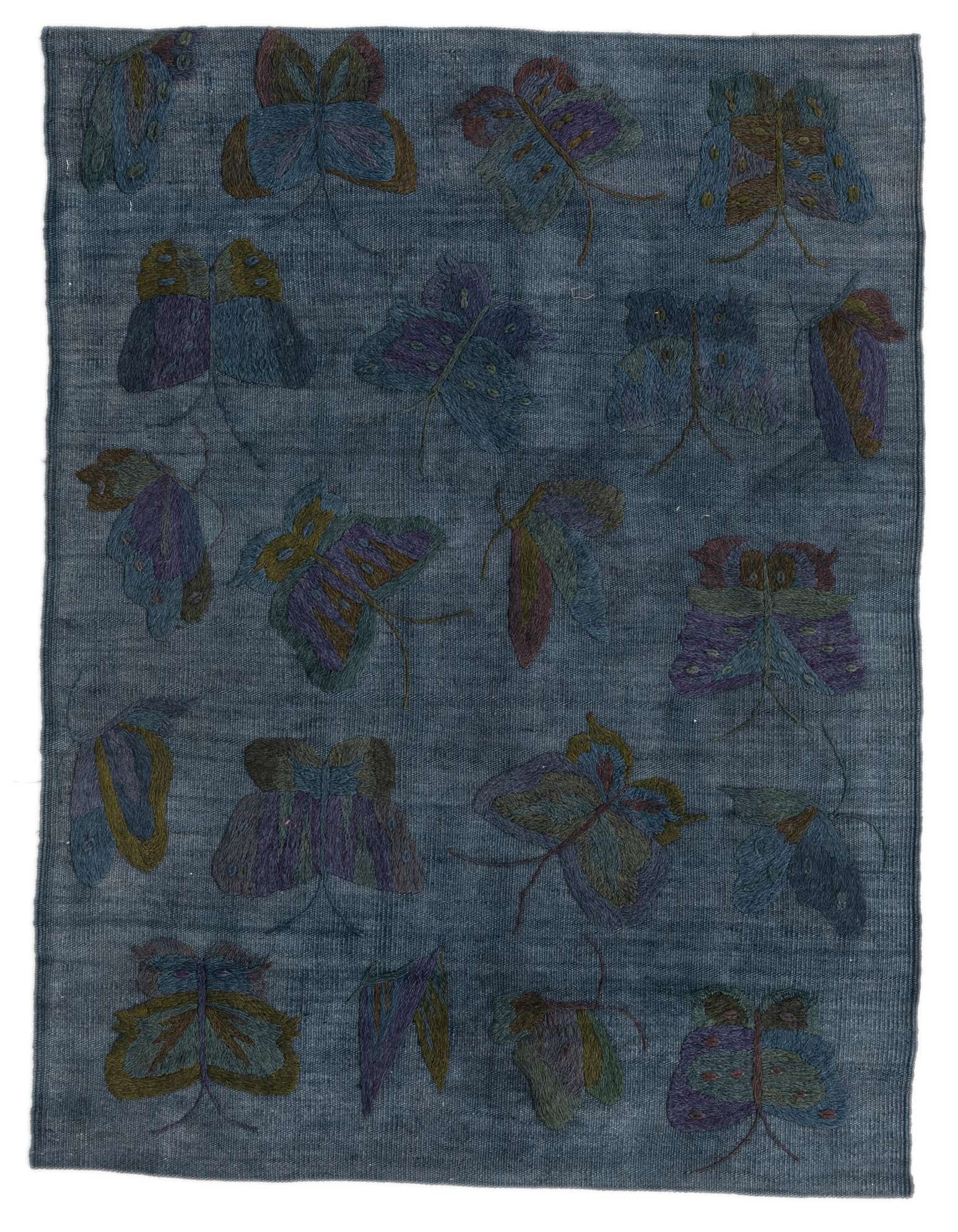A 3x5 rectangular gray Kilim Suzani wool rug with colorful tribal butterfly patterns in blues, purples, and greens.