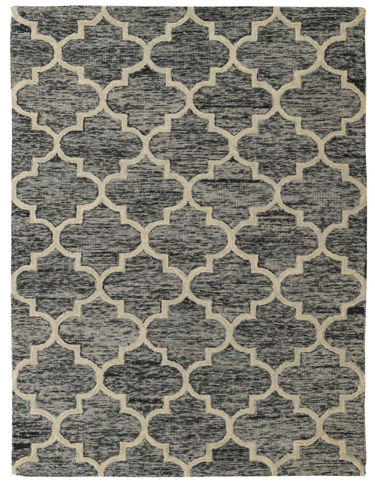 A 5x8 rectangular Luna Collection rug featuring a modern abstract trellis pattern in varying shades of gray and silver.