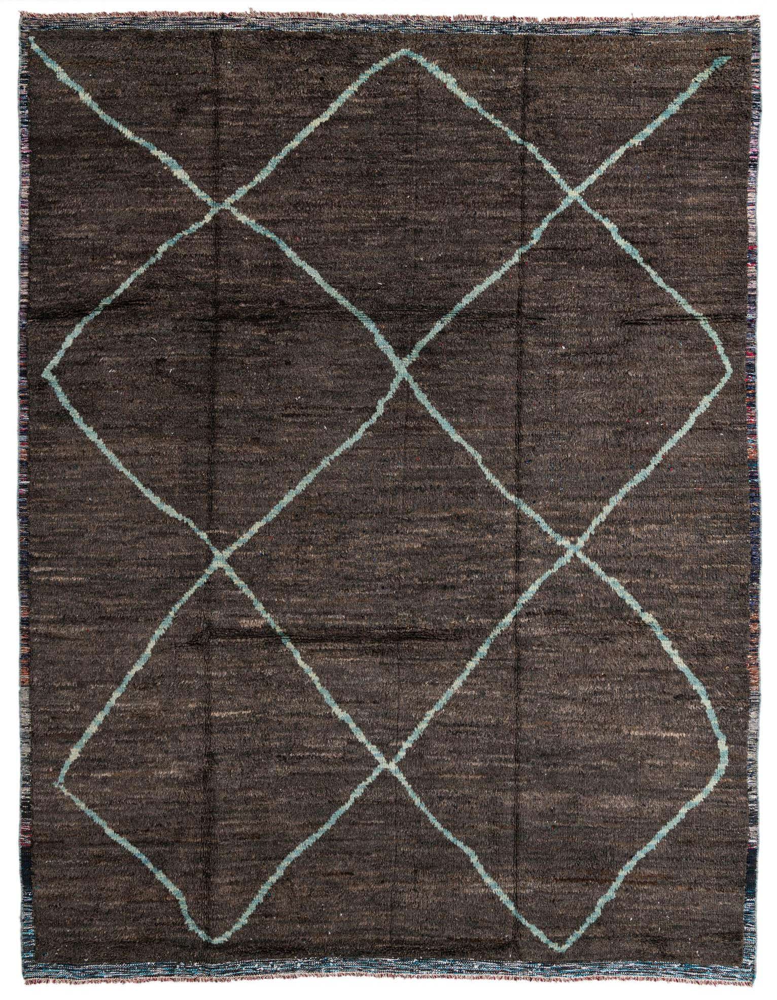A 9x12 rectangular gray shag rug with a light blue tribal diamond pattern, ideal for a living room.