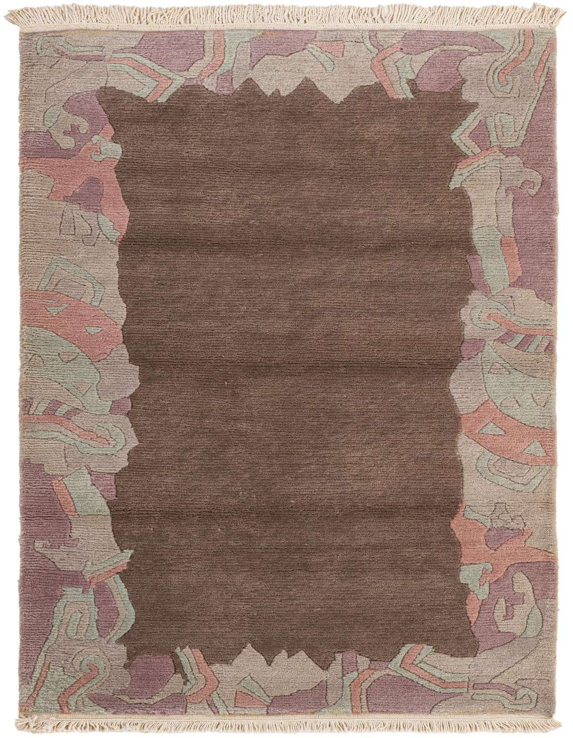 A 3x5 rectangular wool rug featuring a deep gray center and a border with abstract shapes in light gray, pink, and purple.