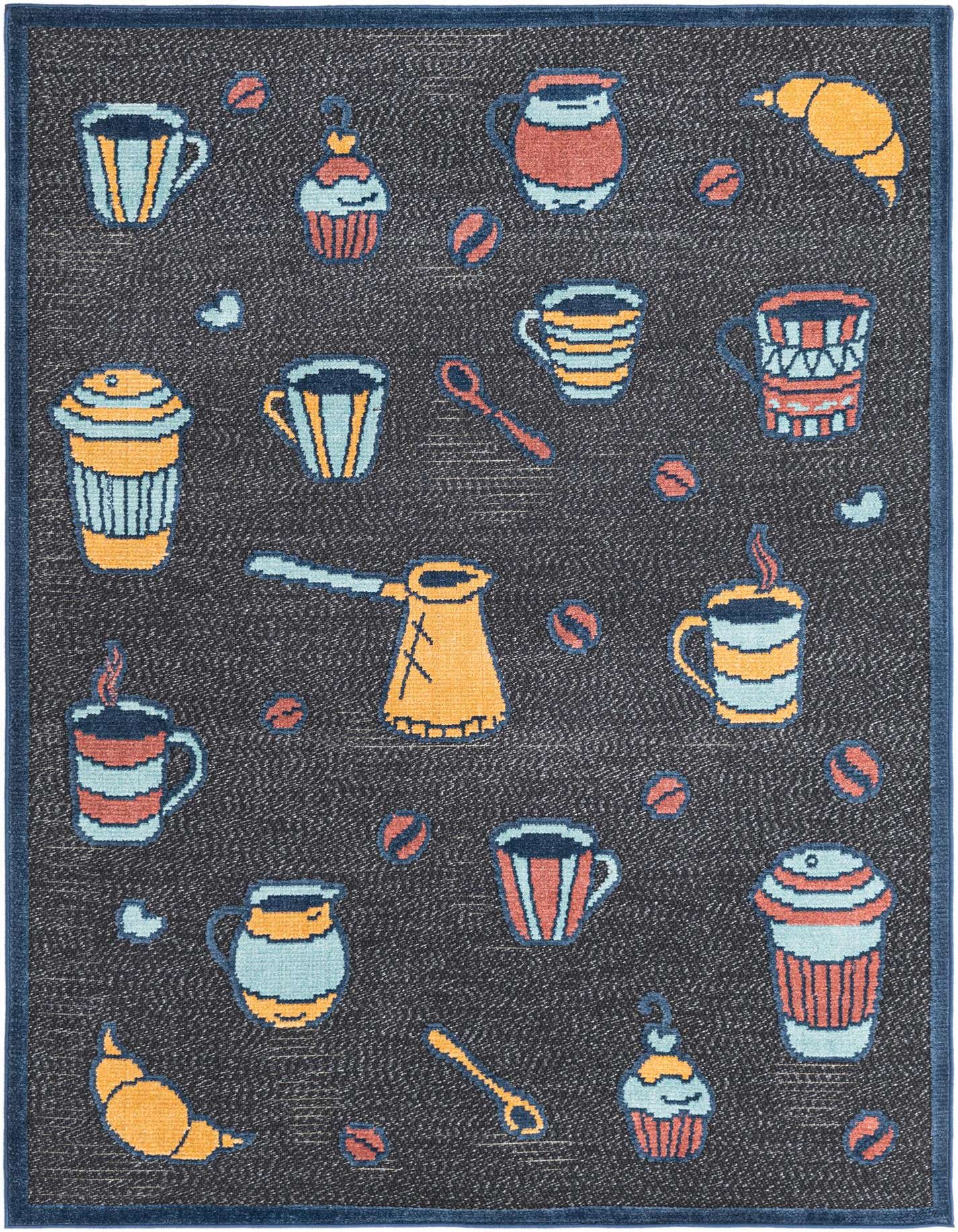 A 5x8 rectangular gray rug with a playful pattern of colorful coffee cups, croissants, and cupcakes, suitable for a kitchen or patio.