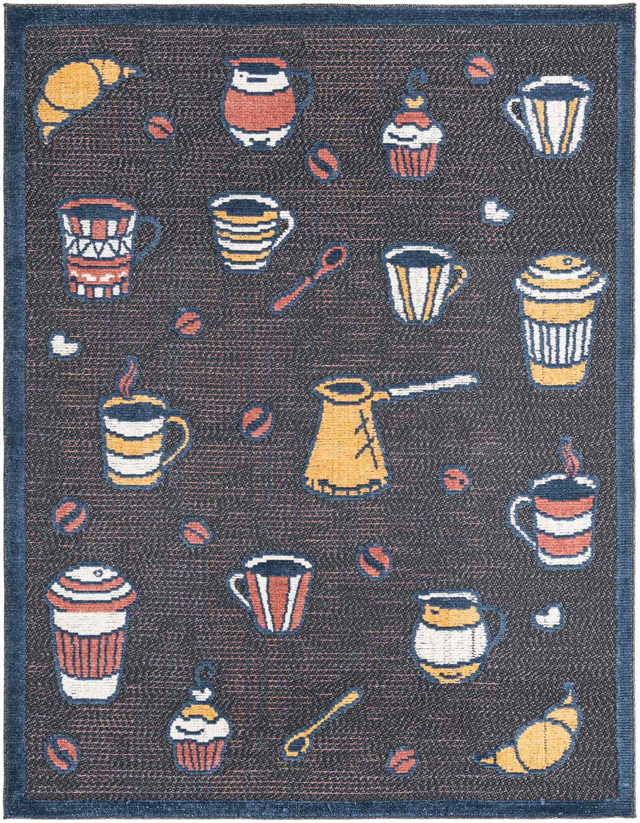 A 5x8 rectangular gray rug with a playful pattern of coffee cups, coffee pots, croissants, and coffee beans in coral, white, and yellow.