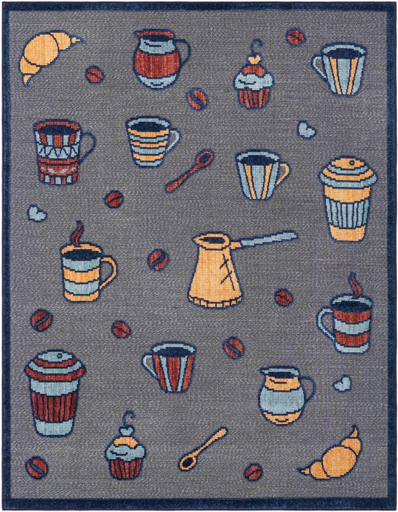 A 5x8 gray rectangular rug with a playful pattern of colorful coffee cups, croissants, and coffee beans, suitable for a kitchen or patio.