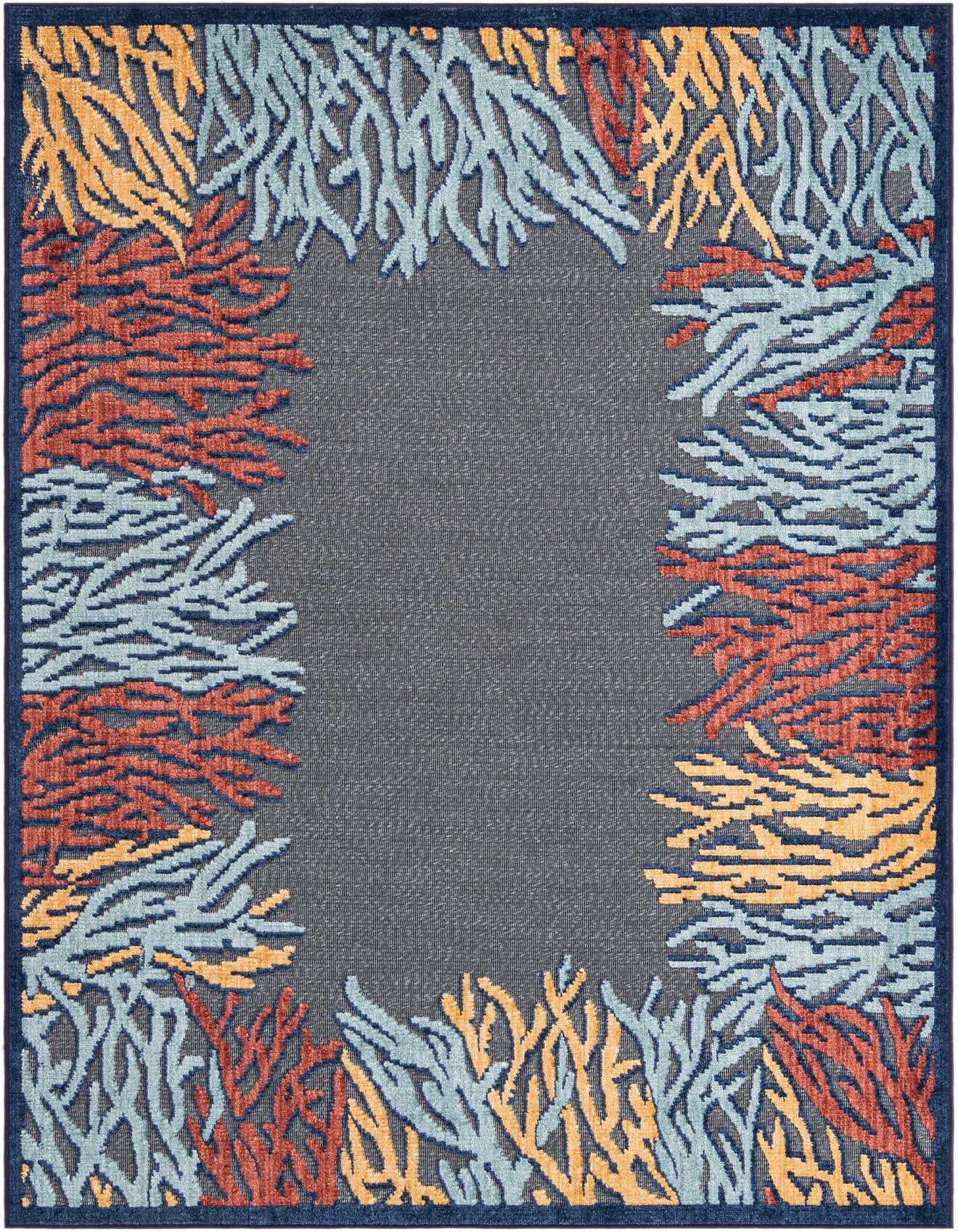 A 5x8 rectangular gray rug with a modern coral reef pattern in blue, orange, and yellow, suitable for indoor/outdoor use.