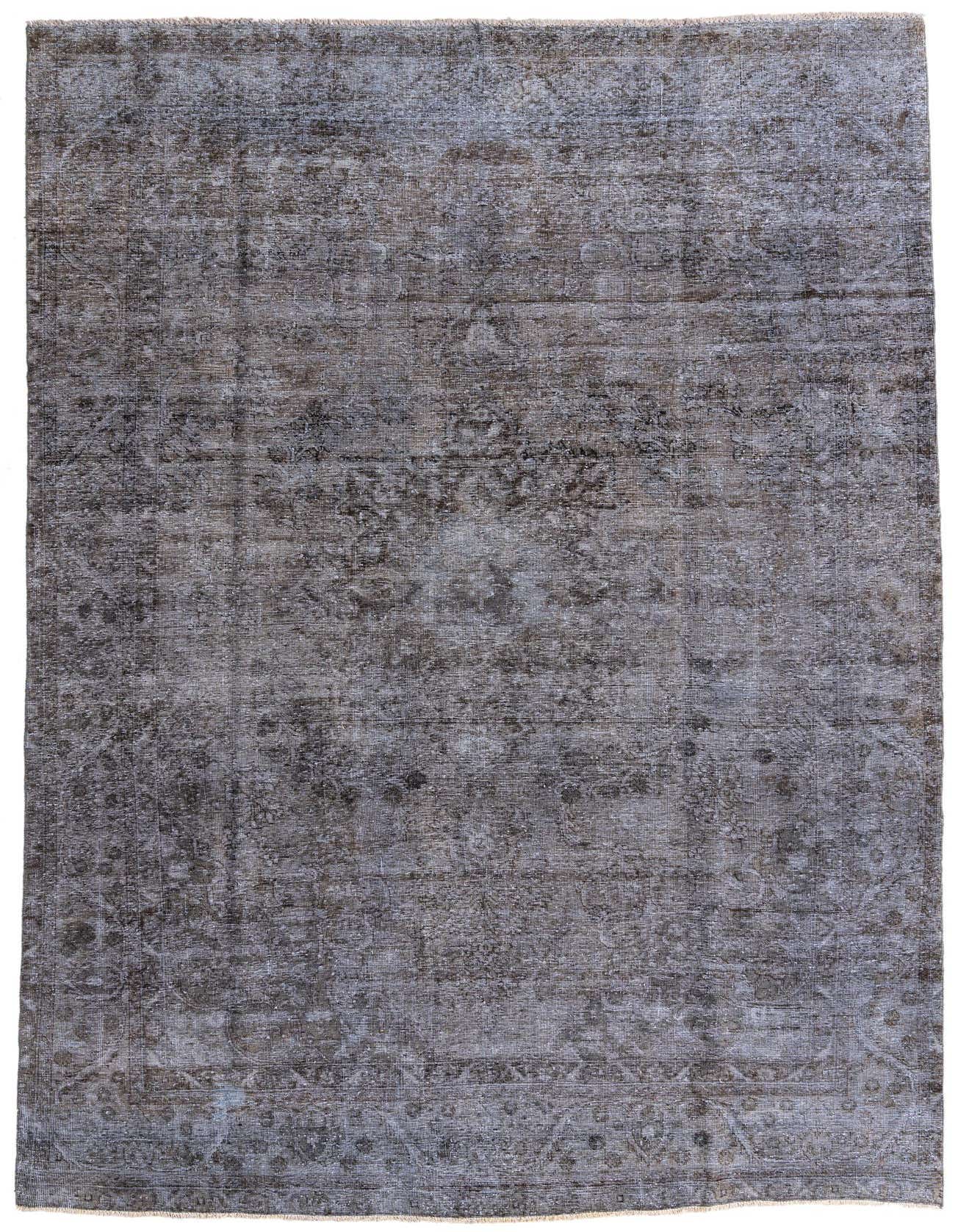 A large 8x11 rectangular gray and silver wool rug with a distressed Persian-inspired pattern, suitable for a living room.