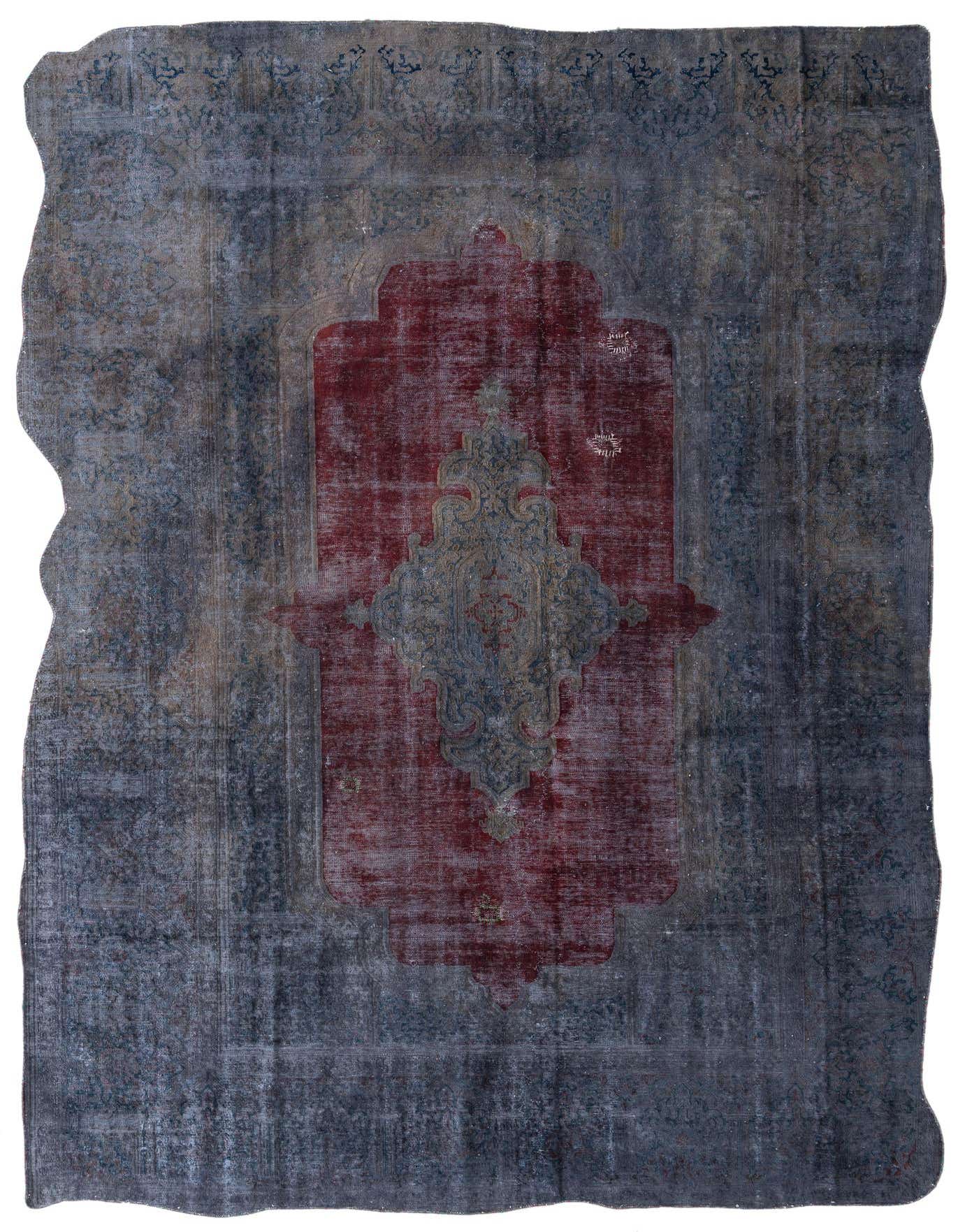 A large 9x12 rectangular gray and silver Persian rug with a faded red medallion and border, showcasing a vintage, distressed look.