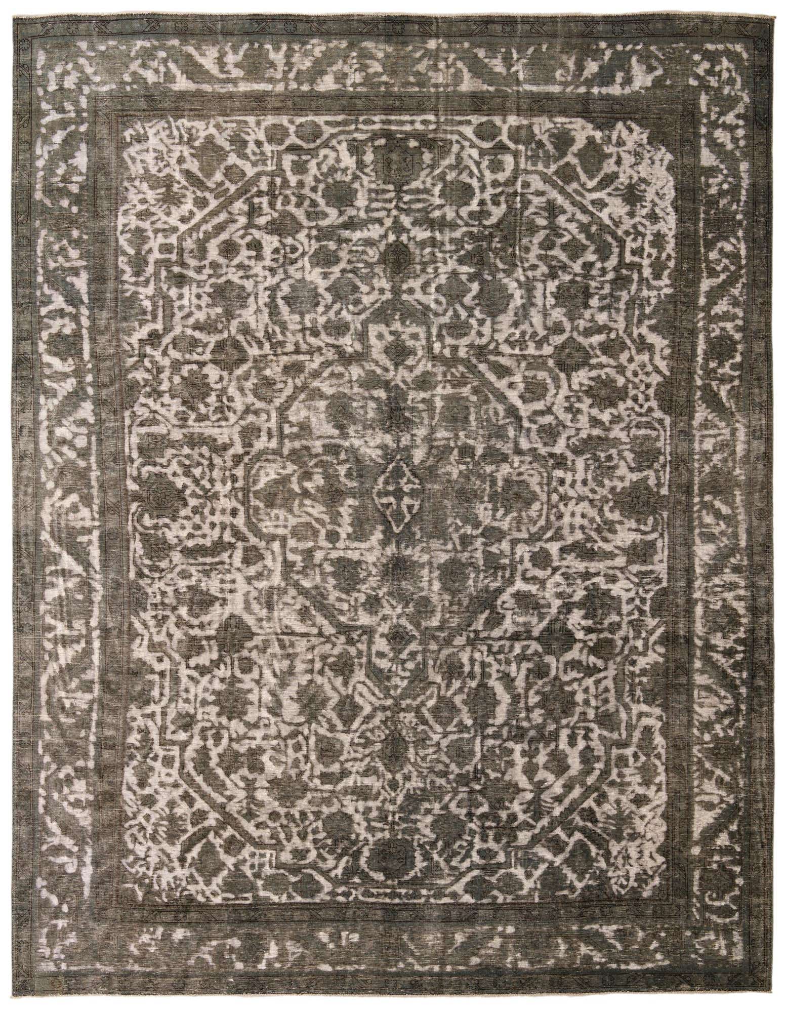 A large 9x12 rectangular gray and silver Persian-style wool rug with an intricate floral and medallion pattern.