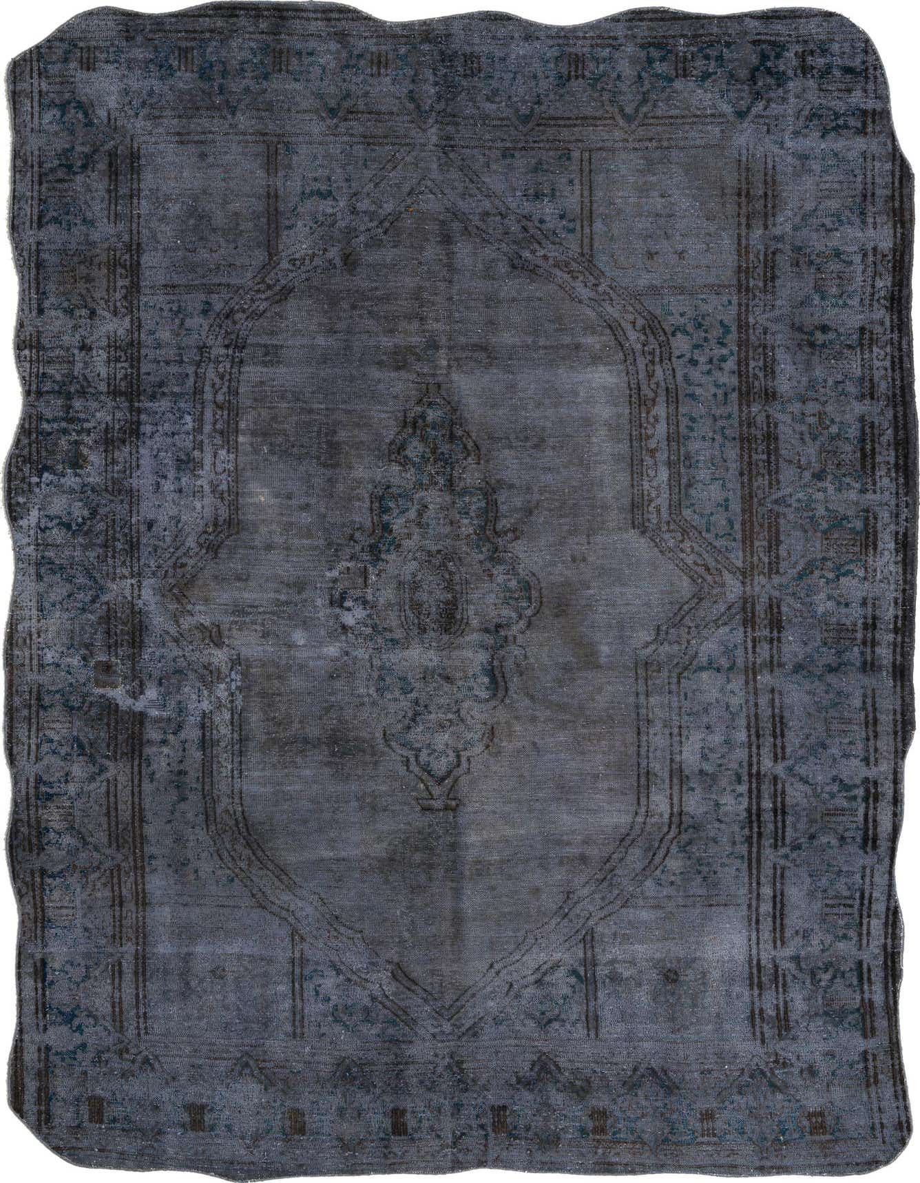 A 7x10 rectangular gray wool rug with a faded Persian medallion pattern, suitable for a living room.