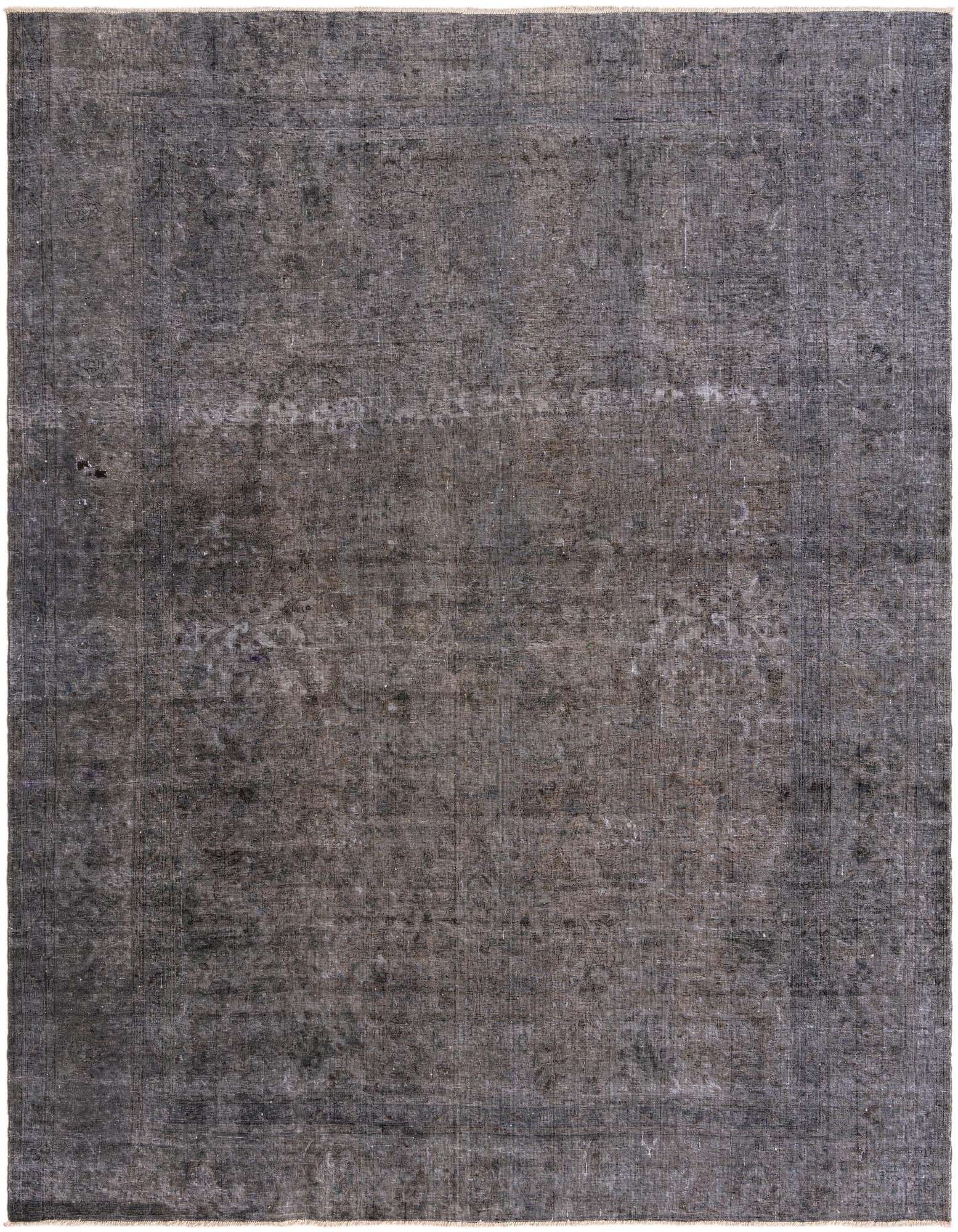 A 10x12 rectangular gray and silver wool rug with a subtle, distressed Persian vintage pattern.