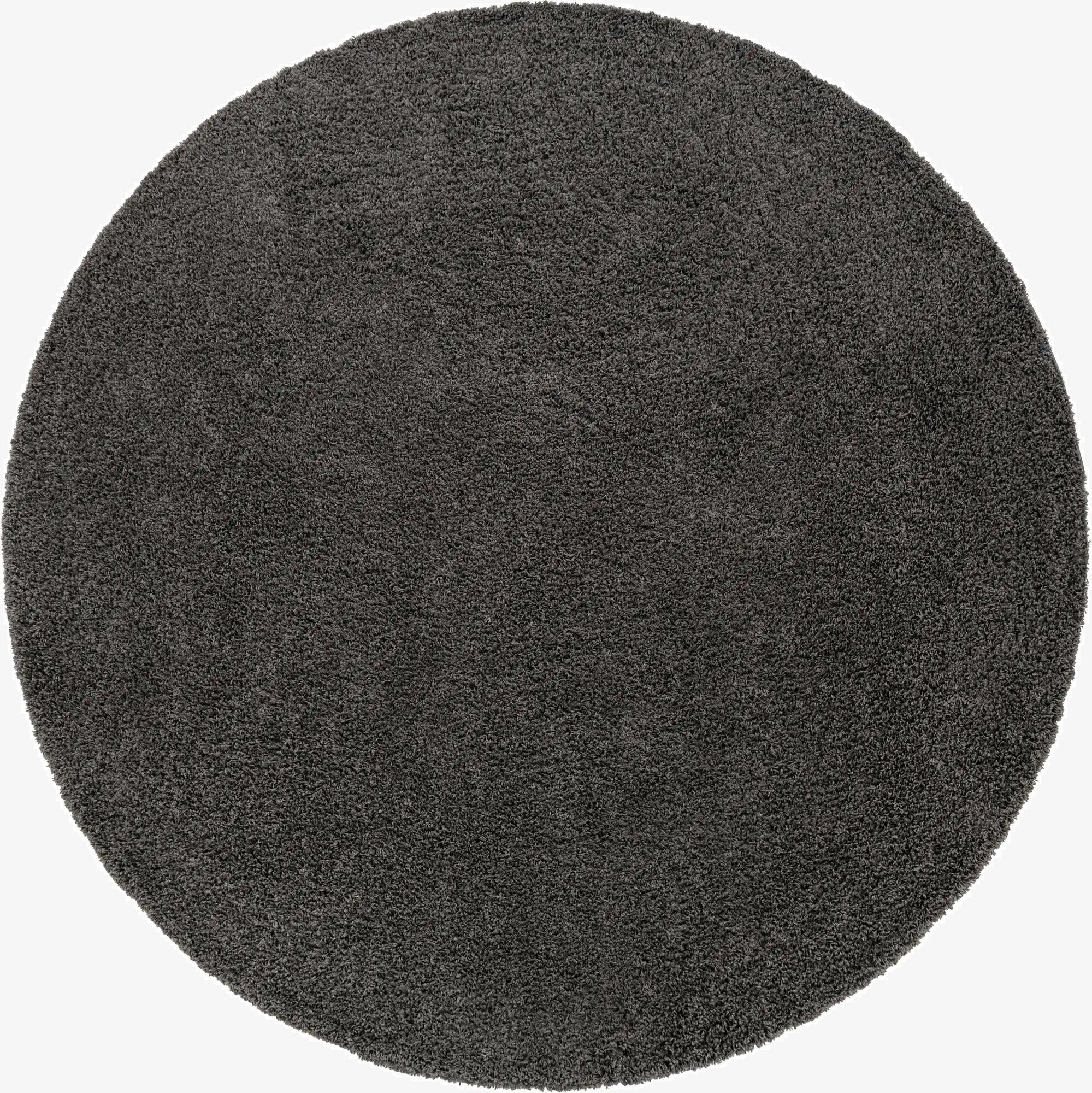 A 10-foot round gray shag area rug, made of soft polypropylene, shown on a white background.