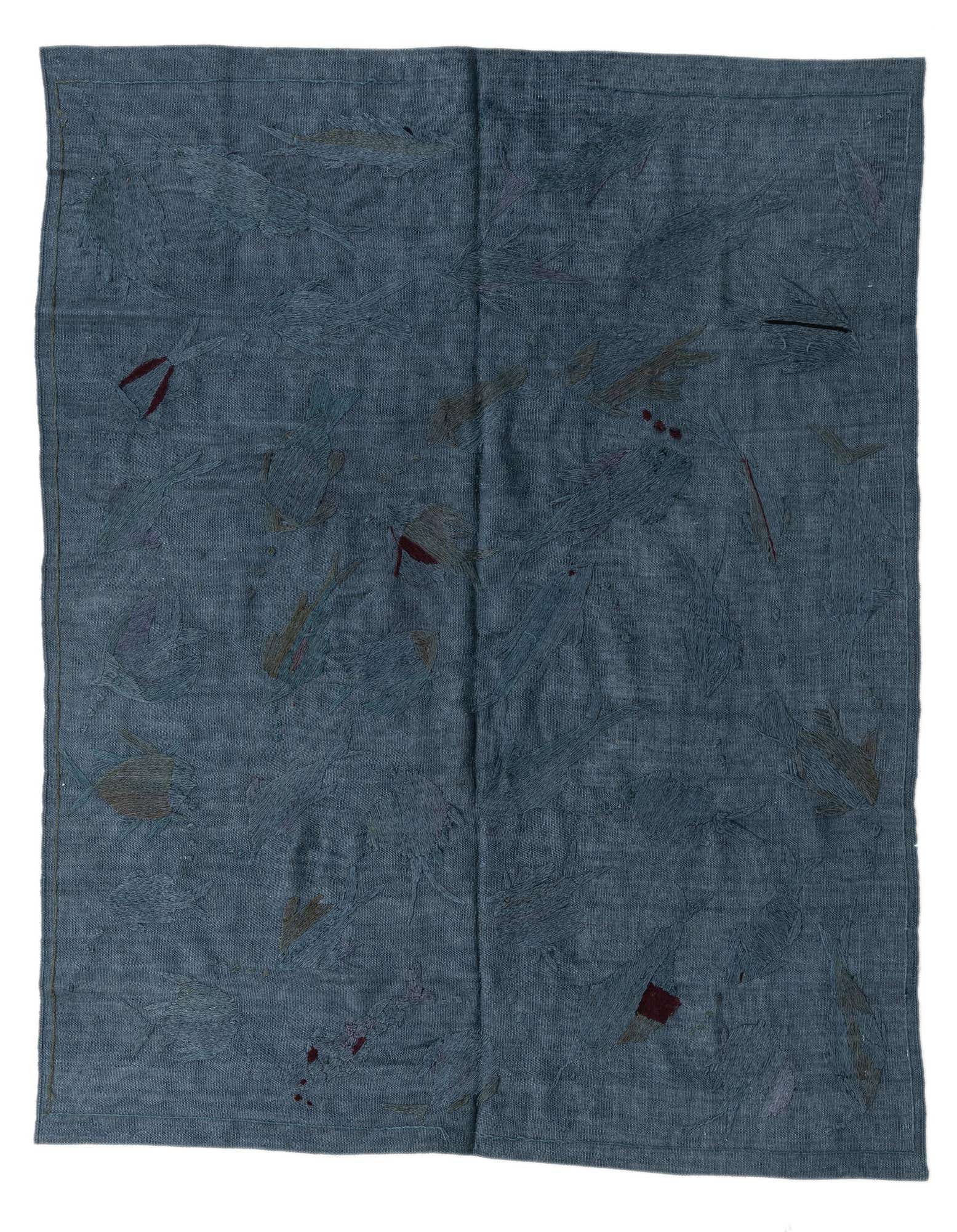 A 5' 1 x 6' 2 square gray wool Kilim Suzani rug with an abstract tribal pattern and flatweave construction.