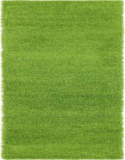 A vibrant green 10 Ft Solid Shag runner rug with a plush, textured pile, perfect for a hallway.