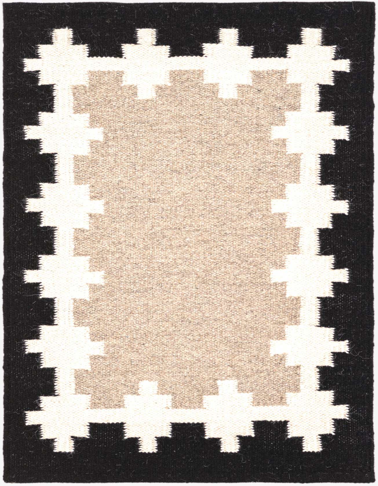 A 2x3 rectangular Kilim Wool rug featuring a gray center with a bold black and white tribal border.