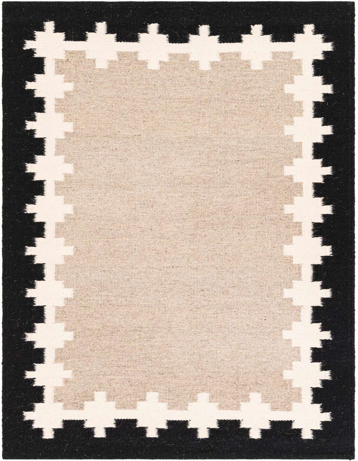 A 3x5 rectangular gray and black tribal flatweave rug with a geometric border pattern, suitable for an entryway.