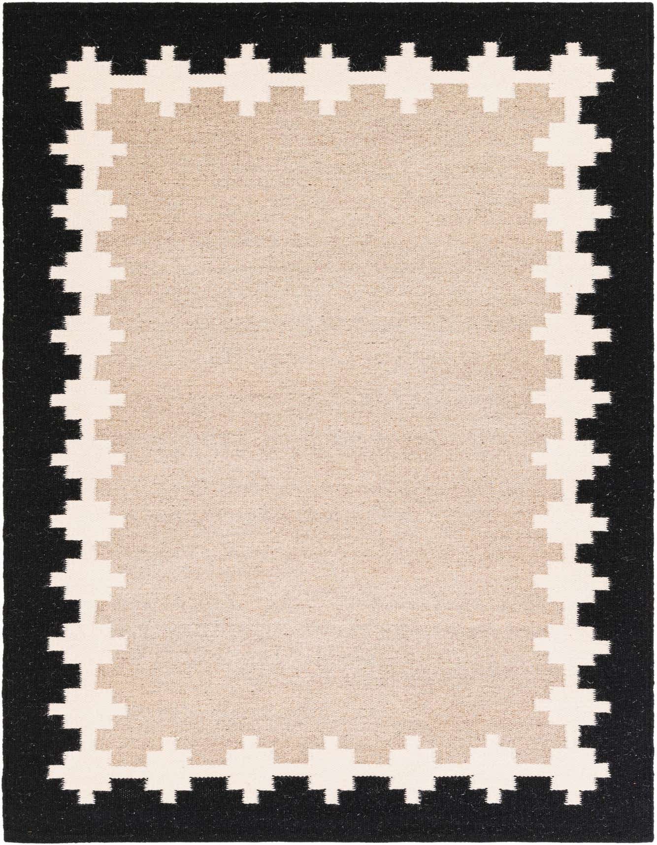 A 4x6 rectangular Kilim Wool rug featuring a gray field with a black border and a white geometric tribal pattern.