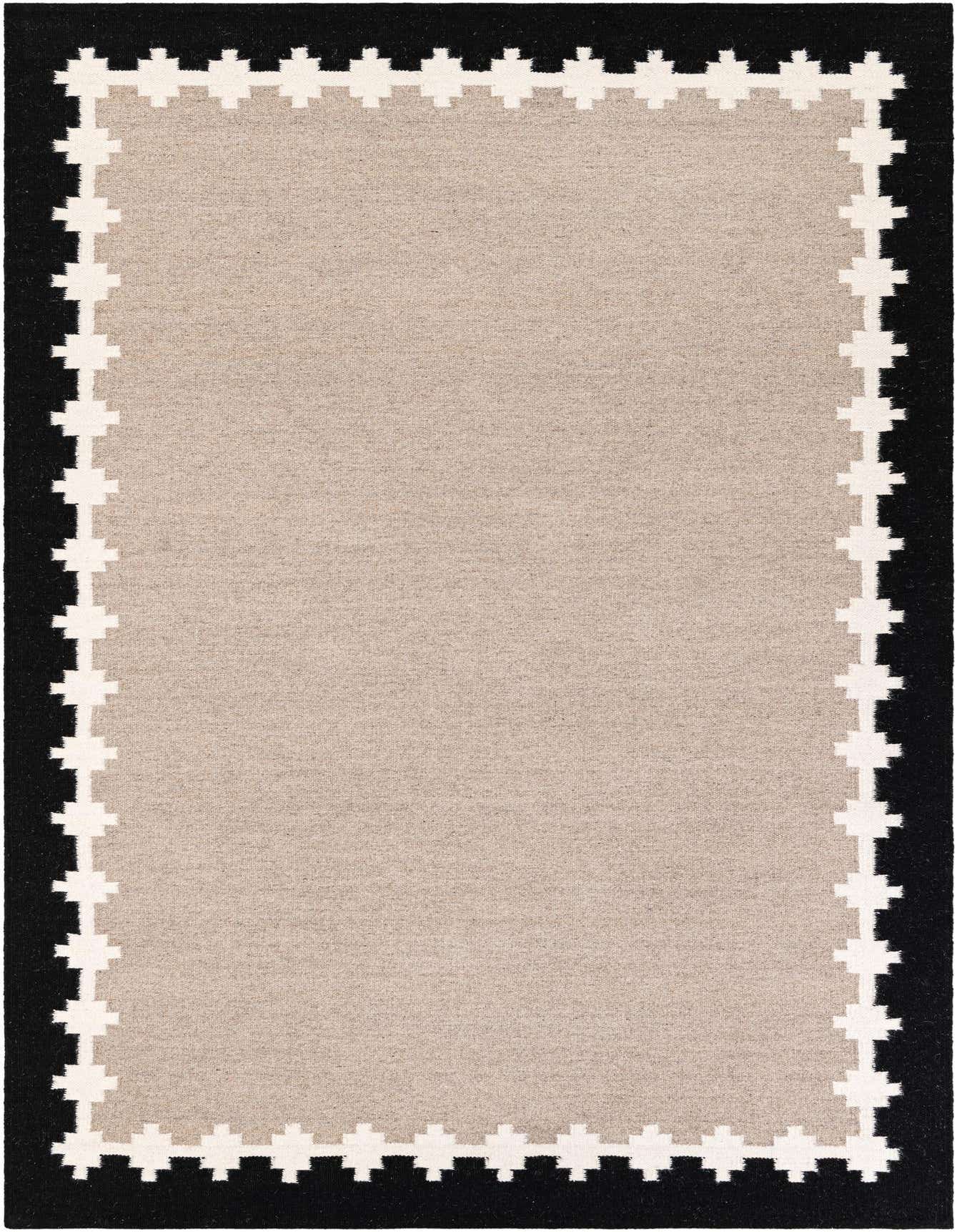A 6x9 rectangular Kilim Wool rug featuring a flatweave gray field with a black border and white tribal geometric pattern.