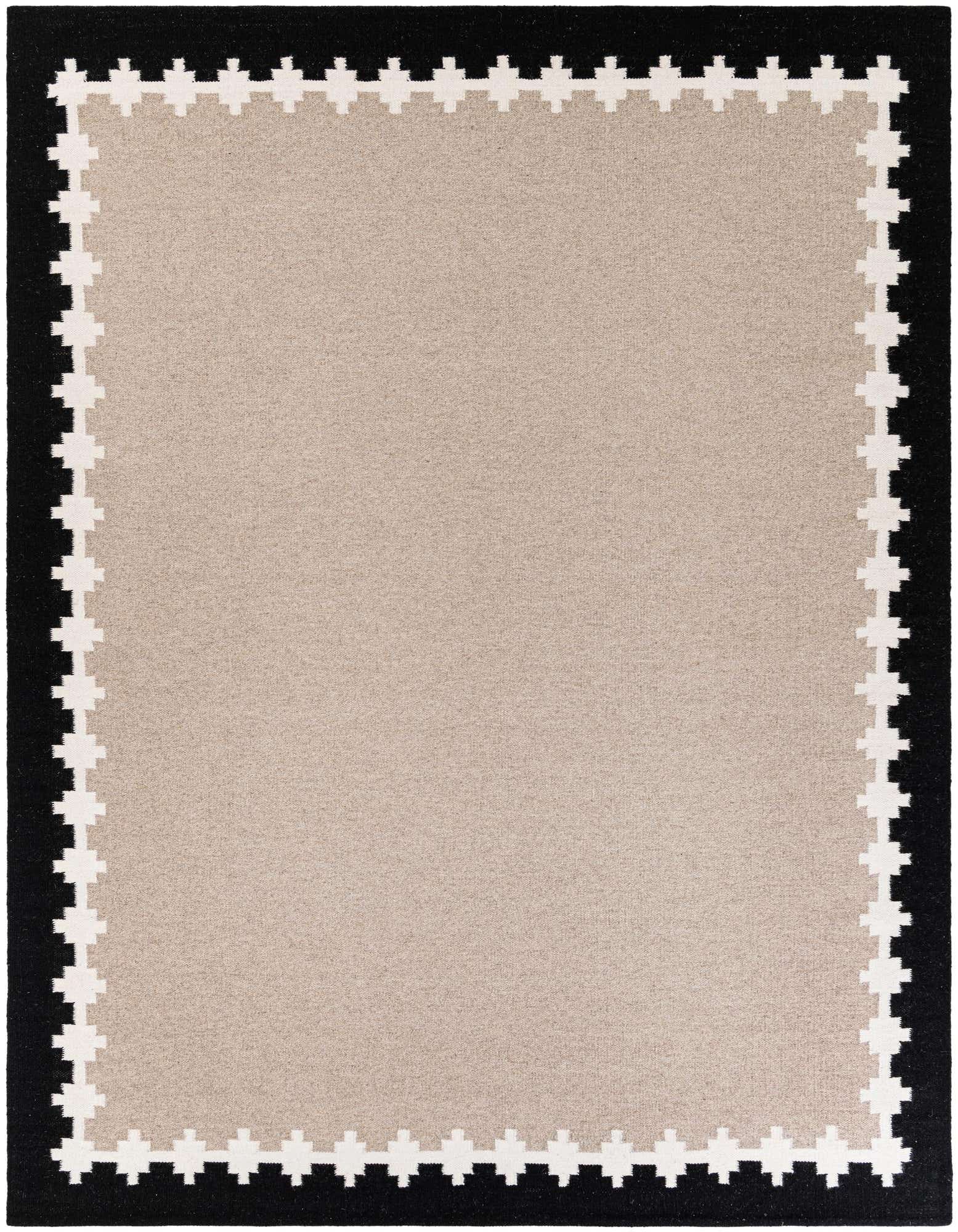 An 8x10 rectangular Gray and Black Kilim Wool rug with a tribal border pattern, suitable for a living room.