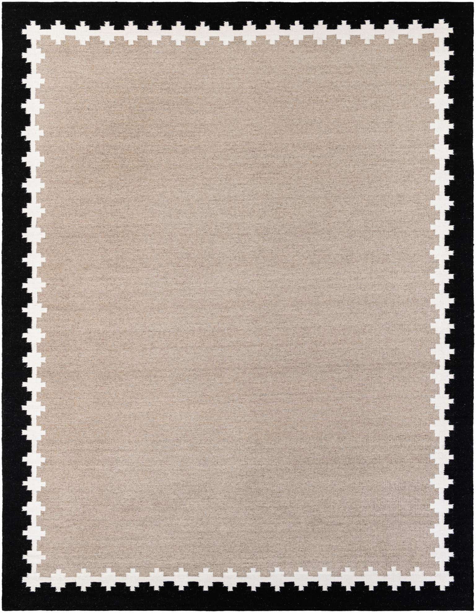A 9x12 rectangular gray flatweave rug with a bold black border featuring a white tribal geometric pattern.