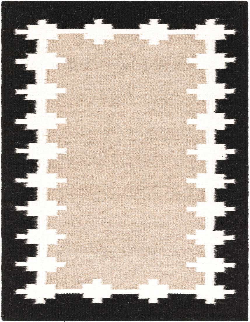 A 5 ft runner rug with a gray center and a black border featuring a white tribal pattern.