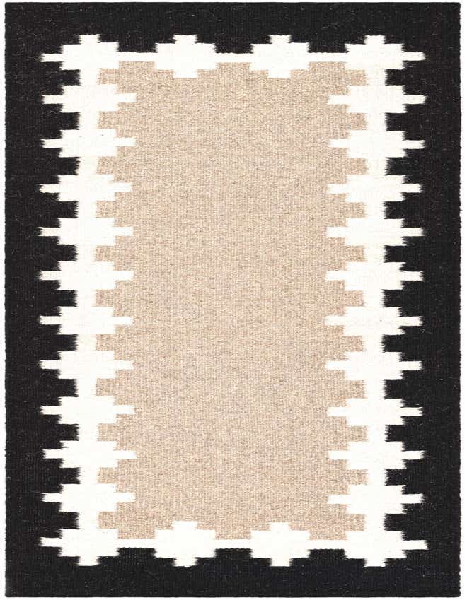 A 6 ft runner rug with a gray center, bordered by a white and black tribal pattern, ideal for hallways.