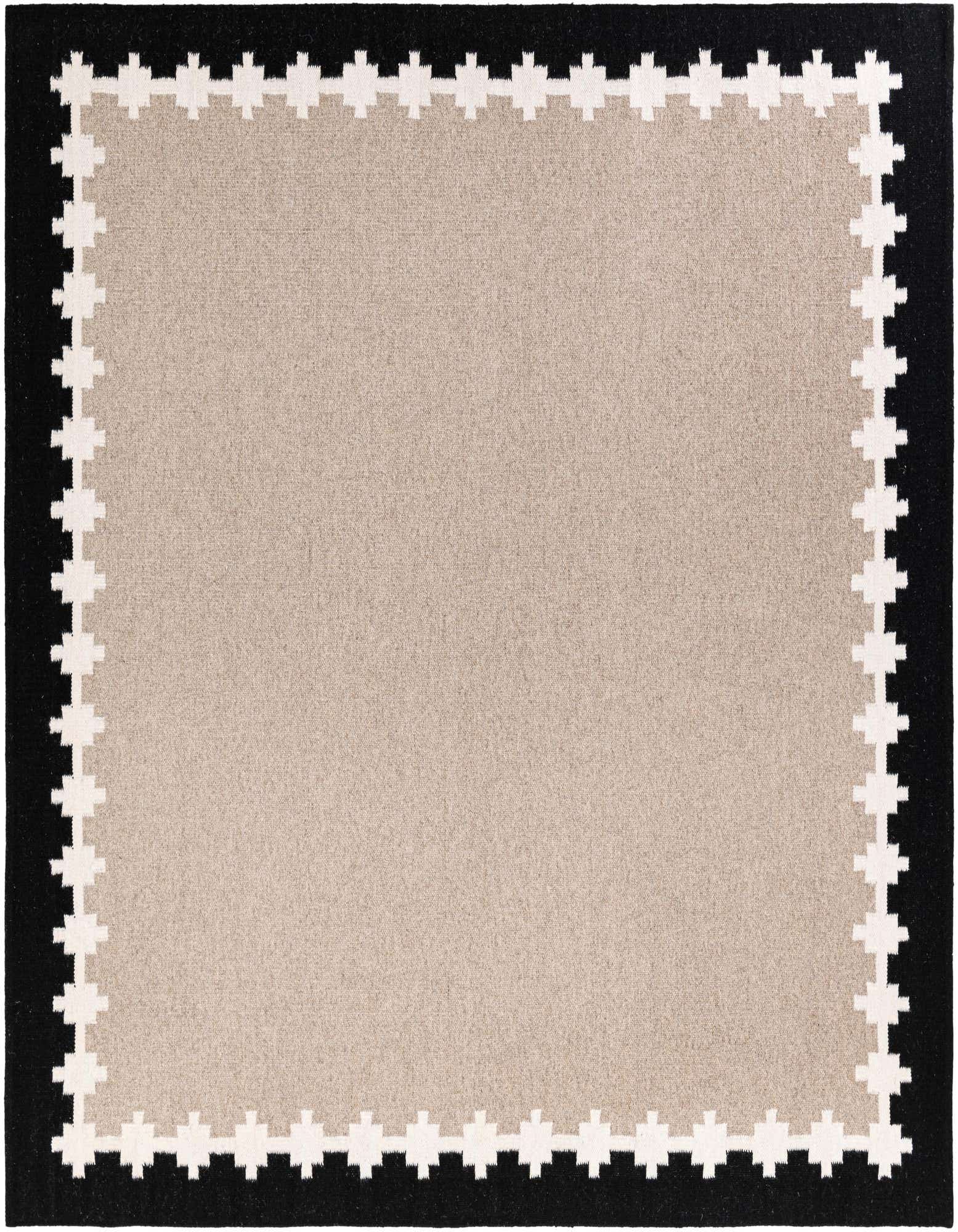 A 7' 10 x 7' 10 square gray and black tribal flatweave rug with a geometric border pattern.