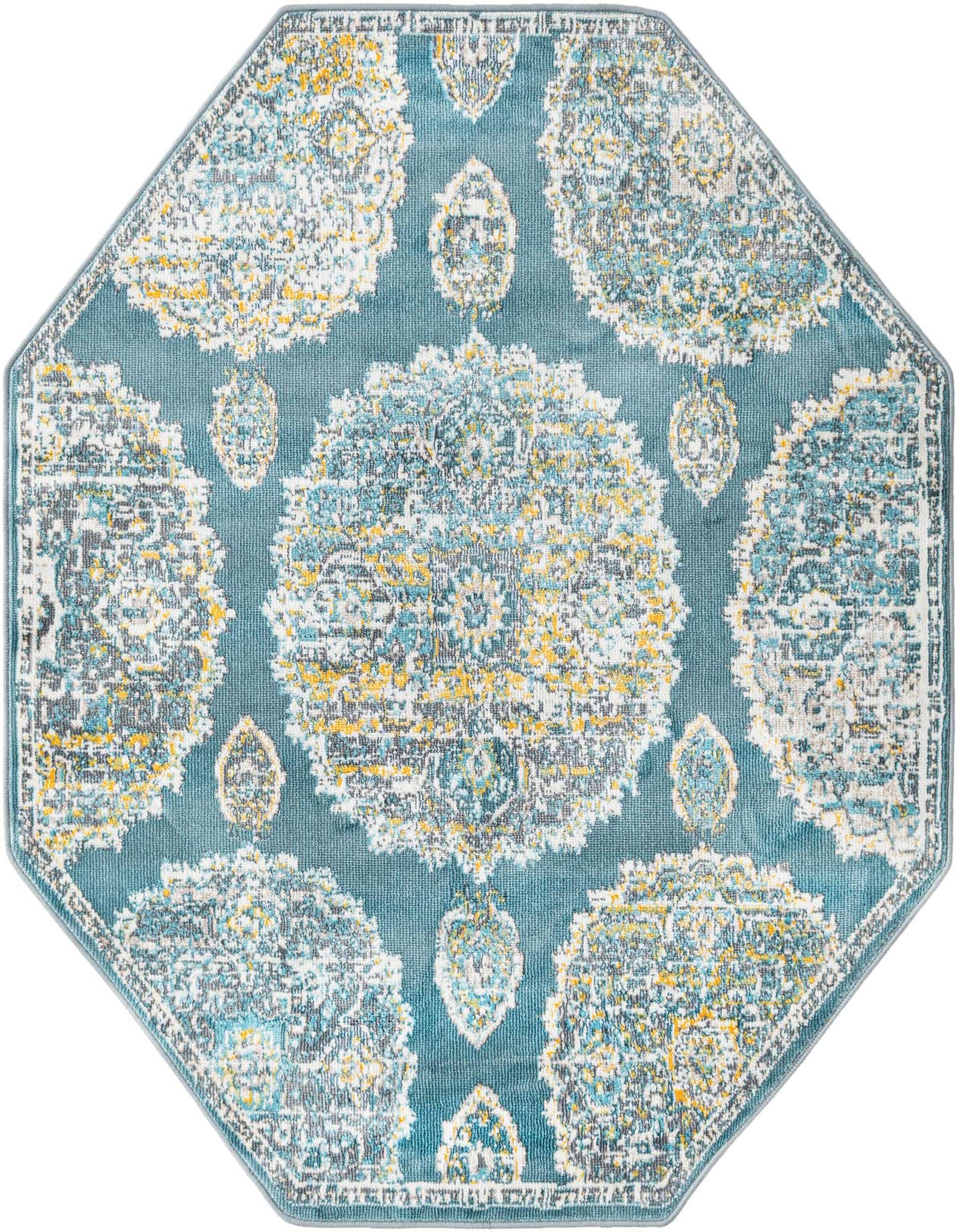 Octagon-shaped blue rug with a distressed Bohemian floral pattern in white, yellow, and grey, suitable for an indoor living space.