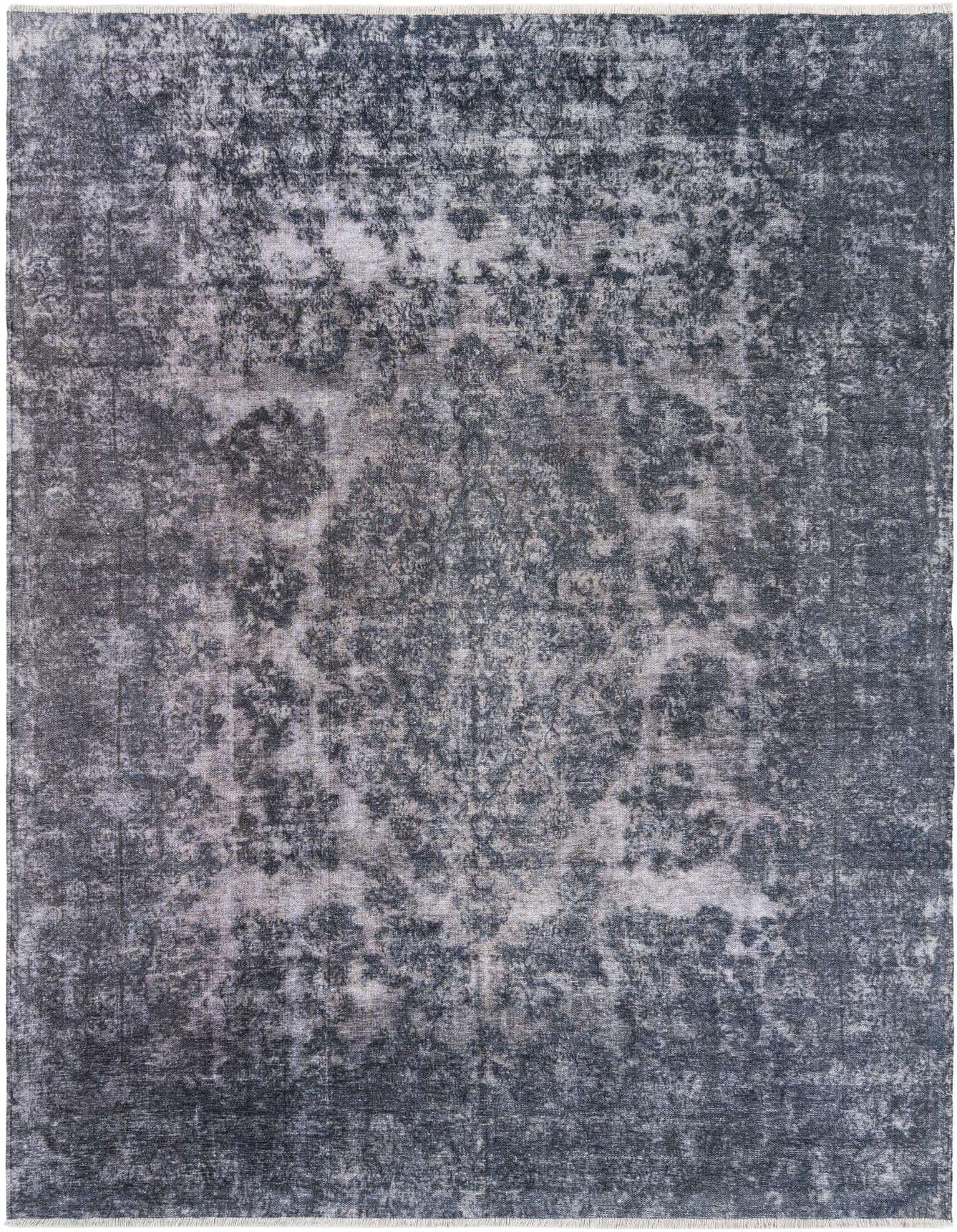 A 5x8 rectangular blue chenille rug with a distressed traditional floral pattern, suitable for a living room.