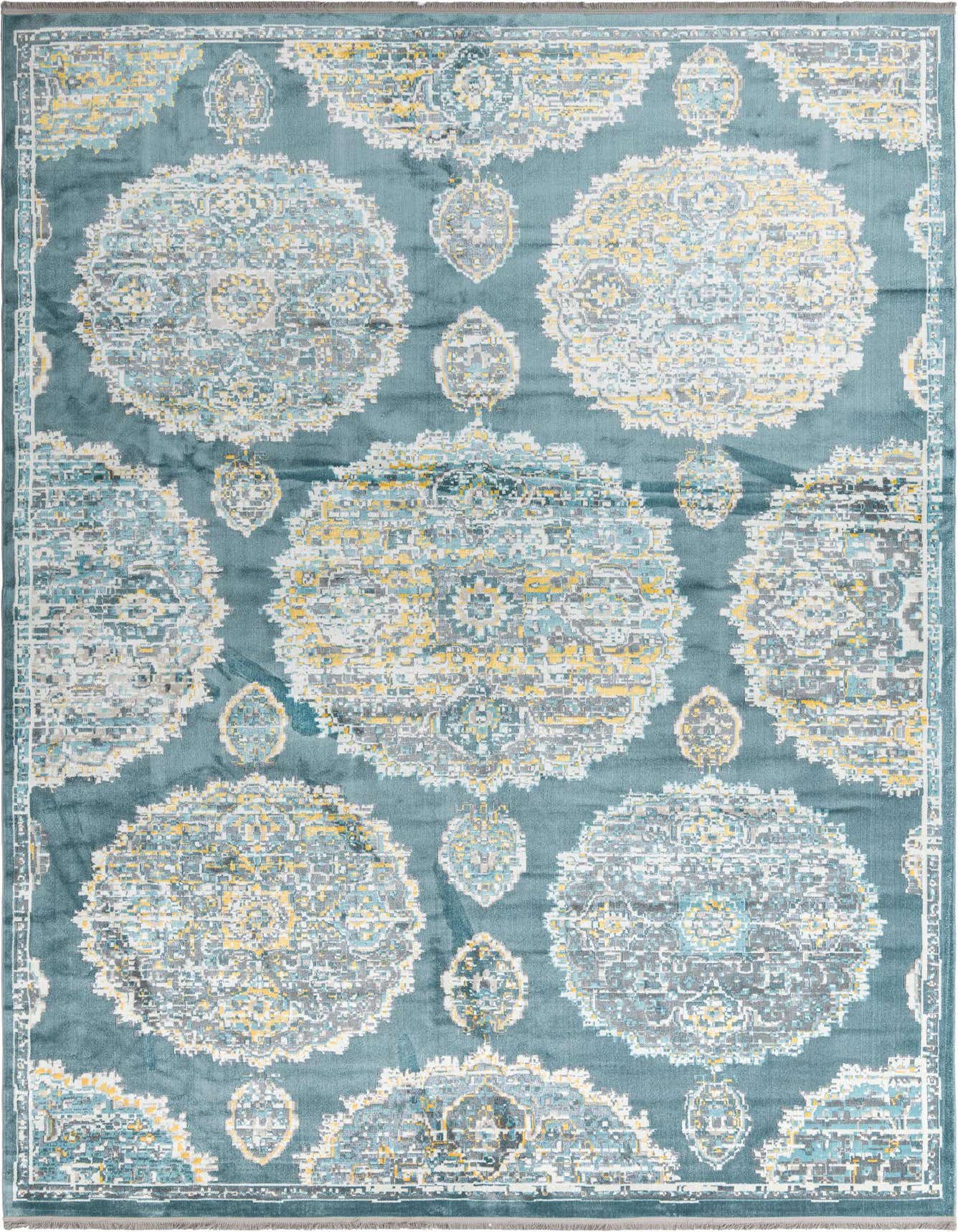 A large 10x14 rectangular blue area rug with a modern bohemian floral pattern in shades of blue, yellow, and white.
