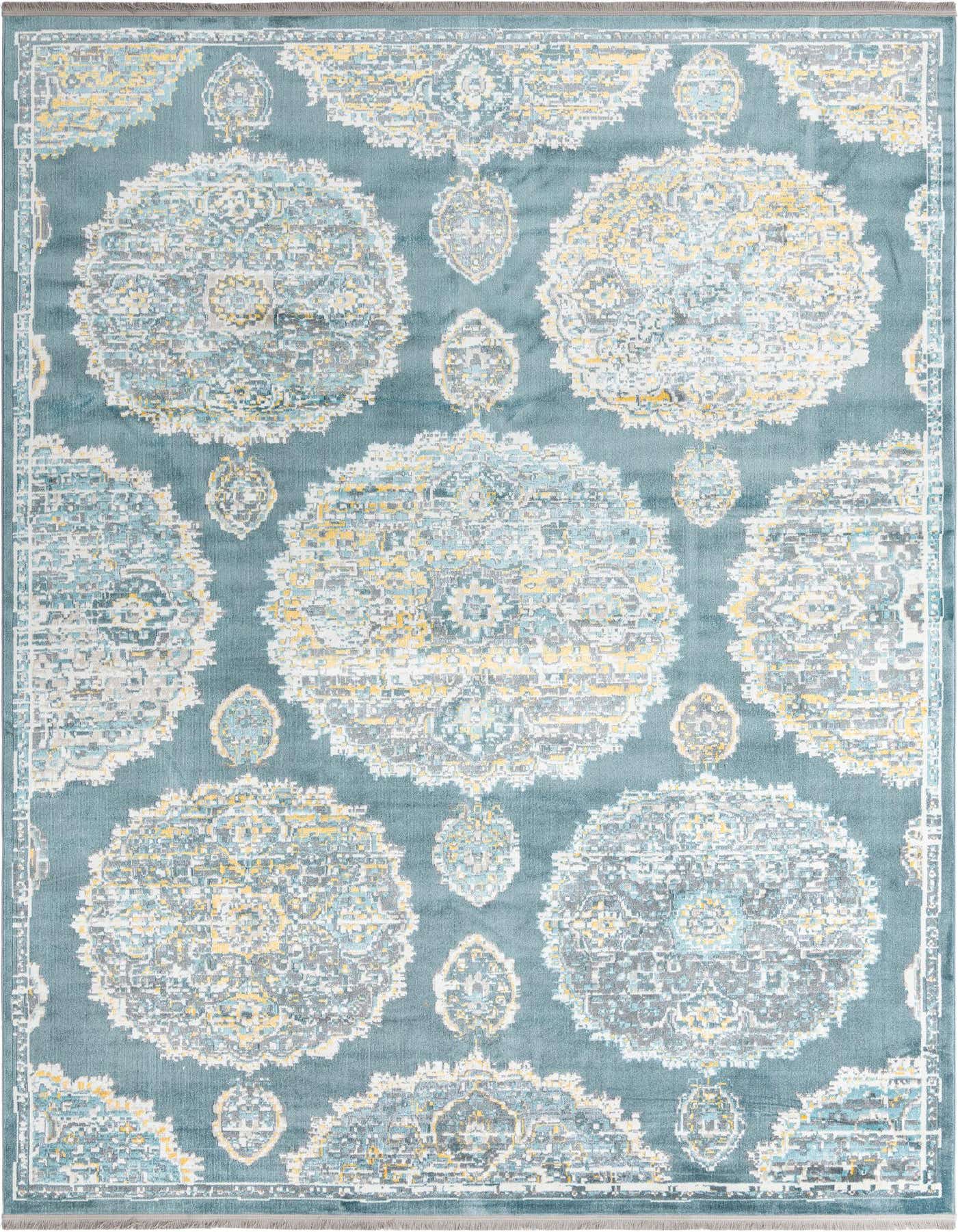 A 9x12 rectangular indoor rug featuring a distressed bohemian floral pattern in shades of blue, grey, and yellow.