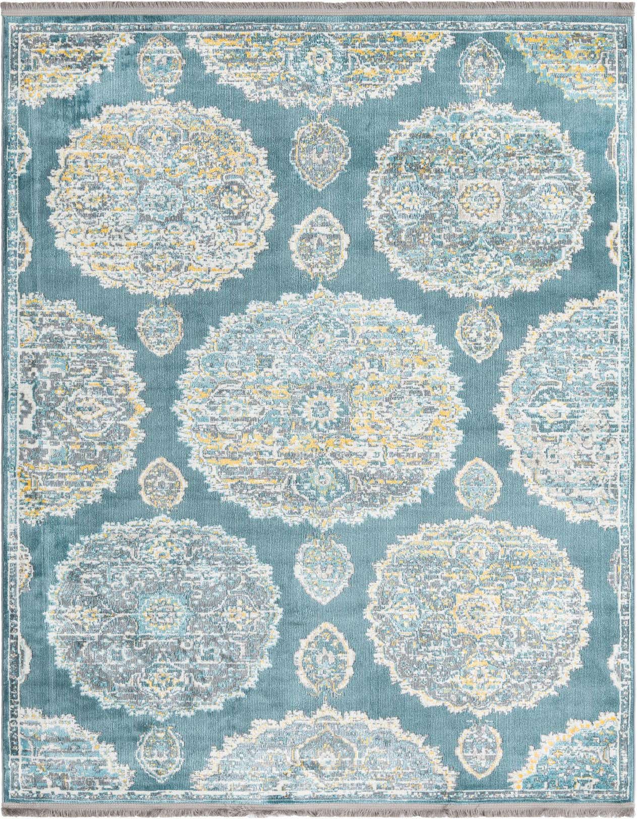 A 5x8 rectangular indoor rug with a blue background and large, distressed bohemian floral medallions in shades of light blue, yellow, and gray.