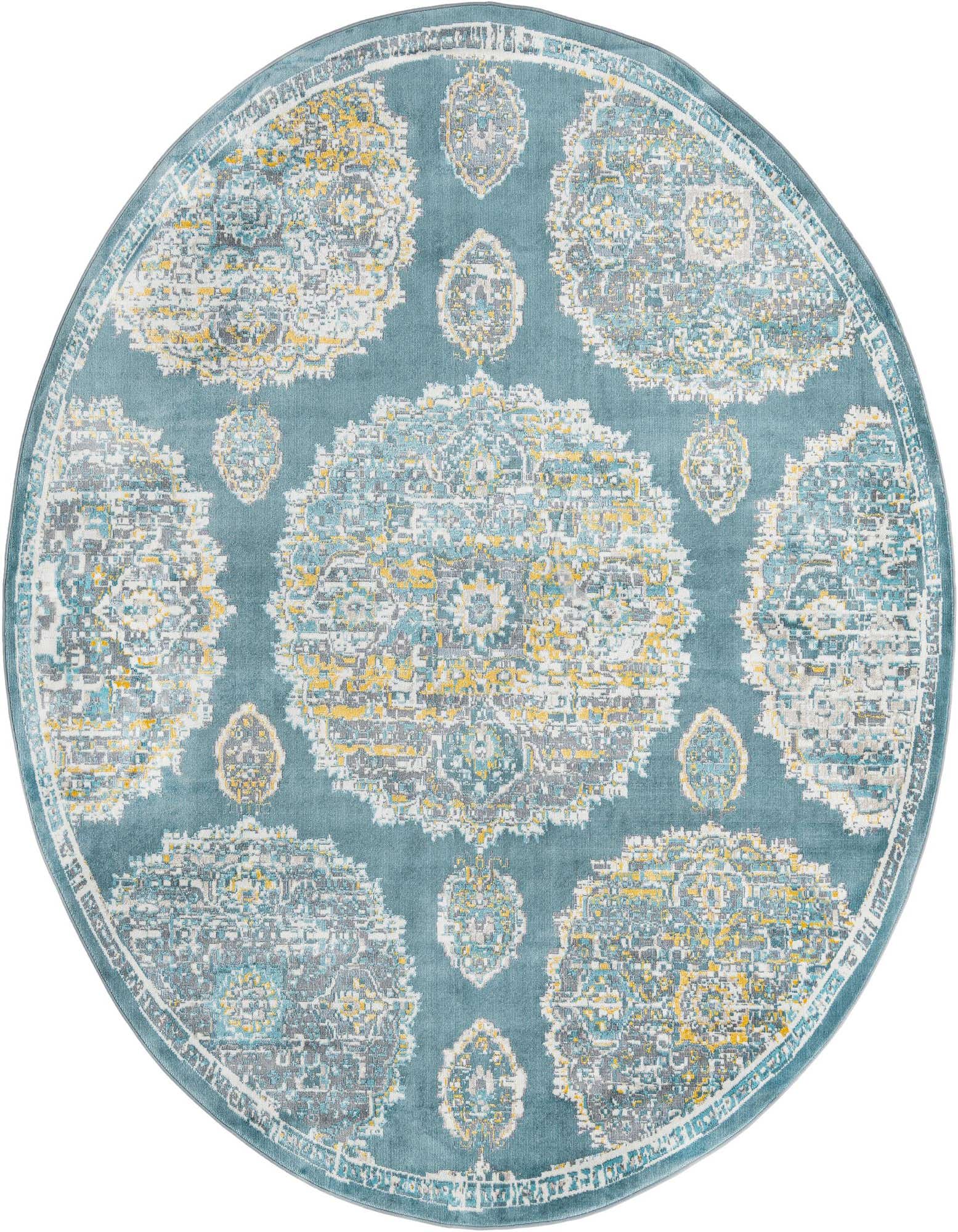 A round blue rug with a distressed Bohemian floral pattern in shades of blue, yellow, and gray.