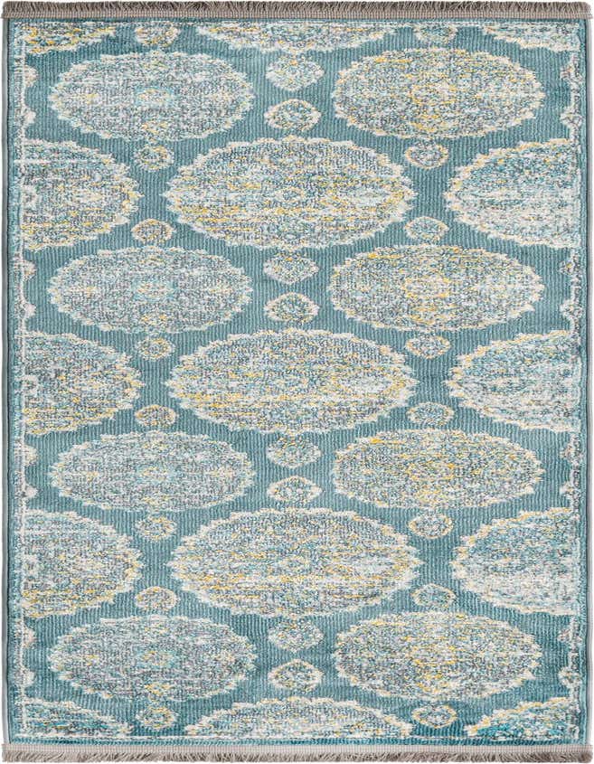A 6 ft runner rug with a bohemian floral pattern in shades of blue, white, and yellow, perfect for a hallway.