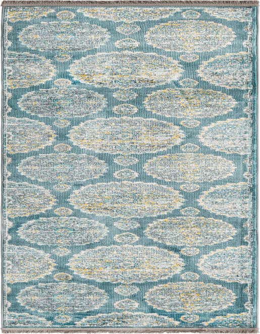 A blue 8 ft runner rug with a distressed bohemian floral pattern in shades of white, grey, and yellow, ideal for a hallway or kitchen.