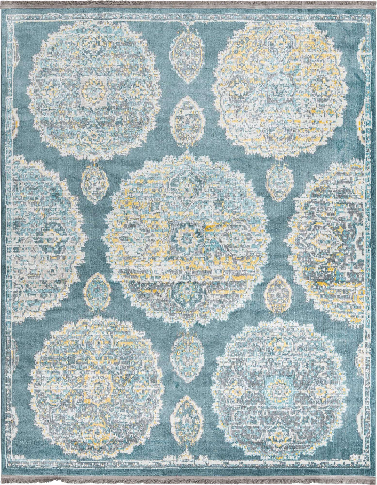 A square blue area rug with a distressed Bohemian floral pattern in shades of light blue, yellow, and grey.