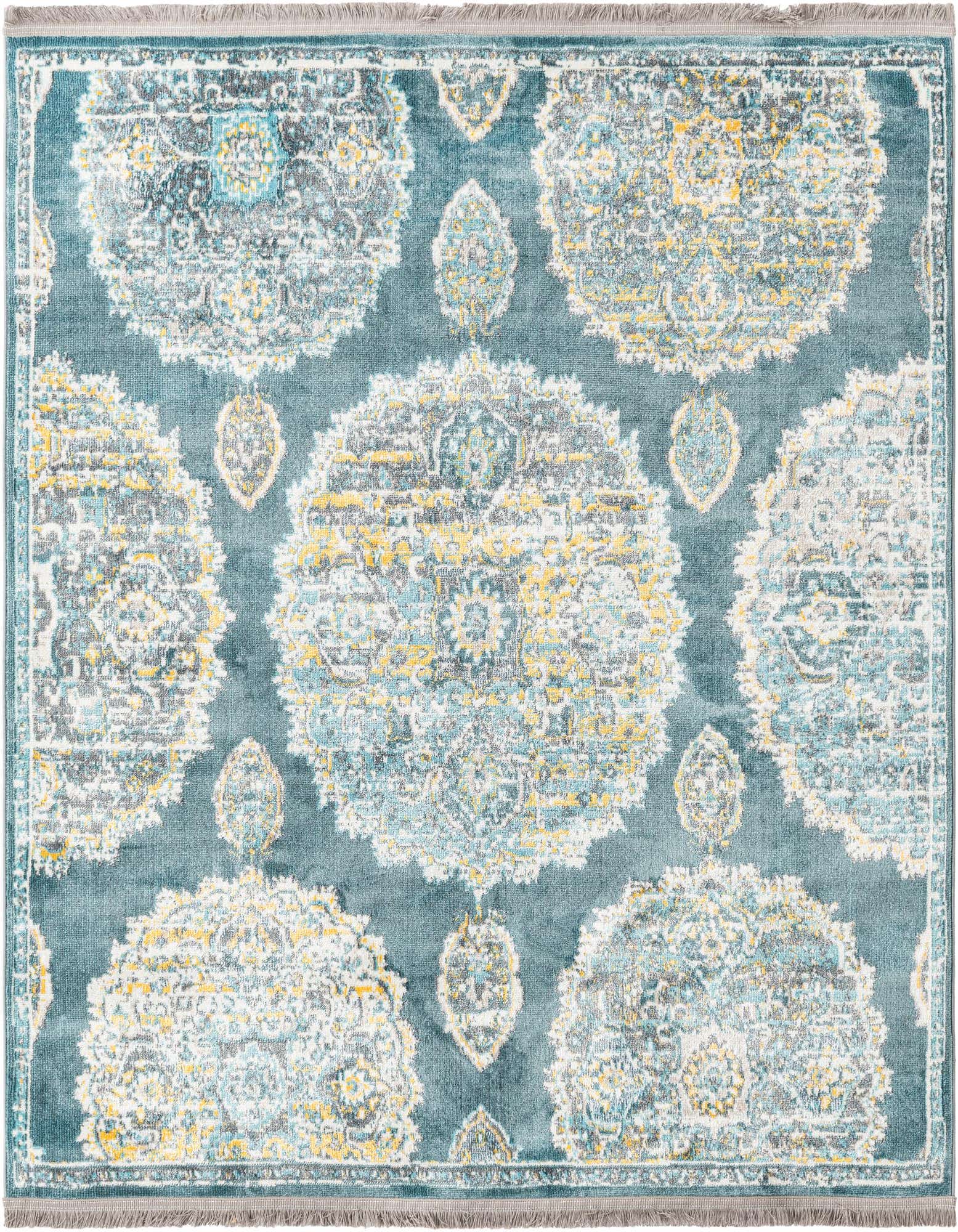 A 5' 5 x 5' 5 square blue polypropylene rug with a distressed bohemian floral pattern in shades of blue, yellow, and white.