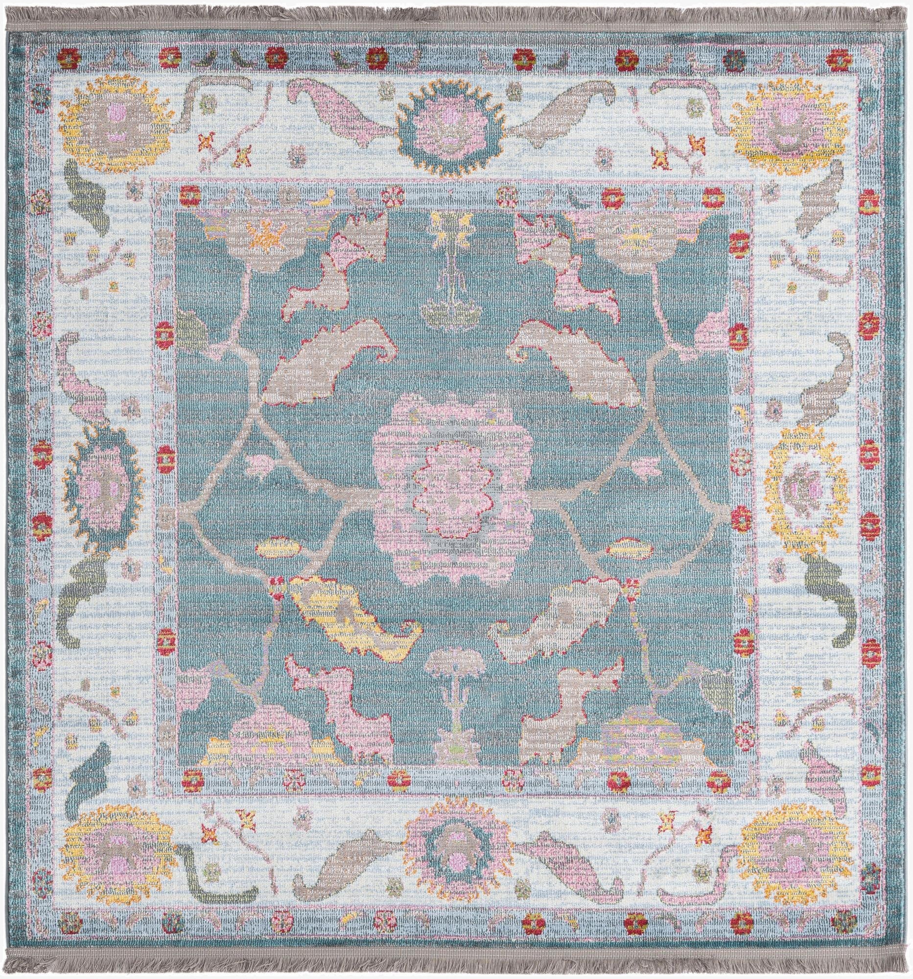 A 5' 5 x 5' 5 square blue rug with a traditional vintage medallion pattern in pink, yellow, and grey, featuring a light blue border.