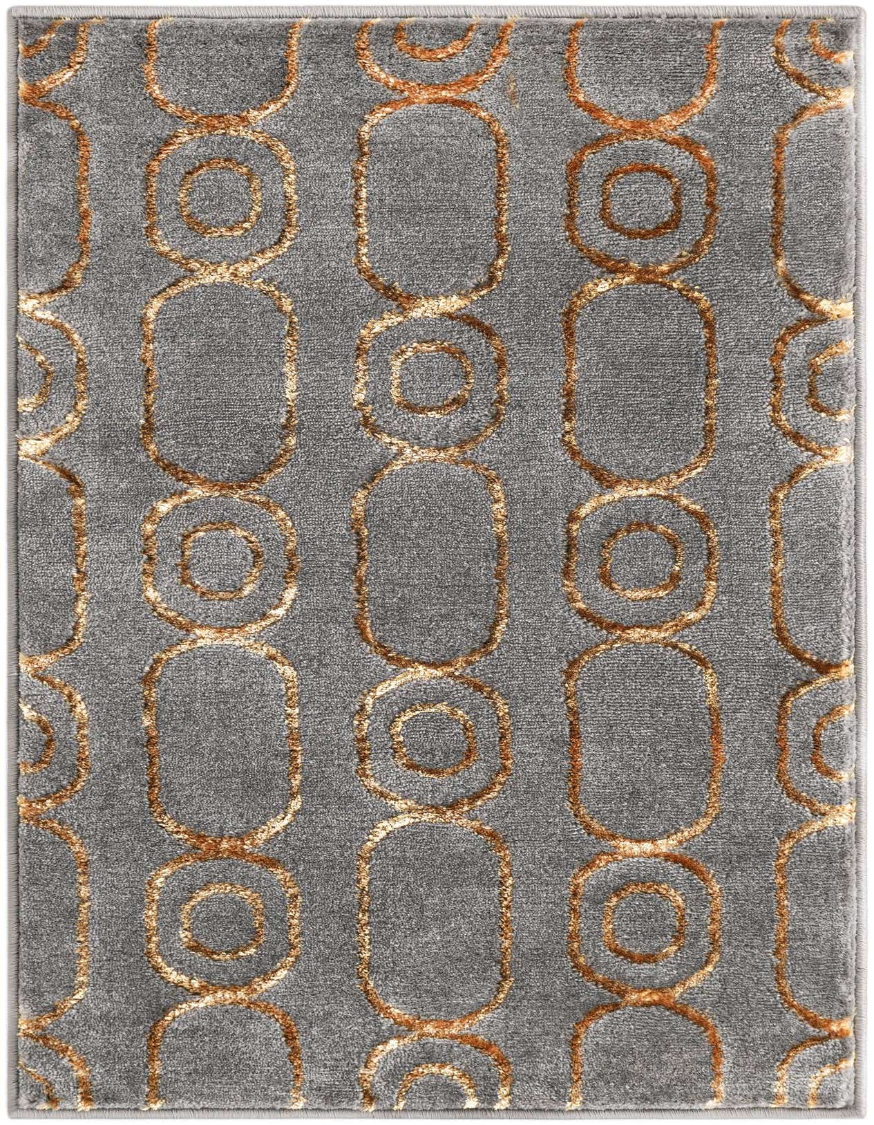 A 2x3 rectangular gray indoor rug with a repeating pattern of gold interlocking geometric ovals and circles.