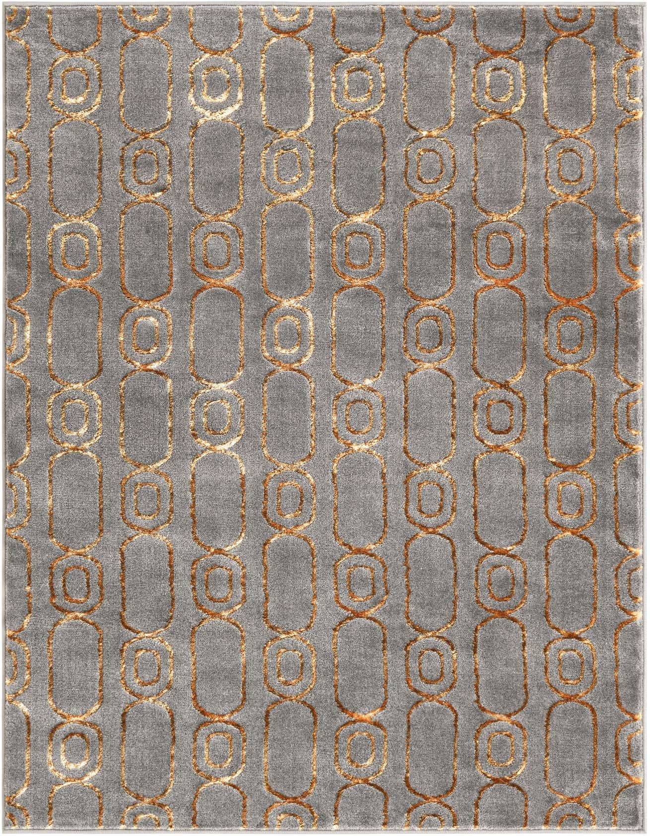 A 4x6 rectangular gray and gold area rug featuring a modern geometric pattern of interlocking ovals.