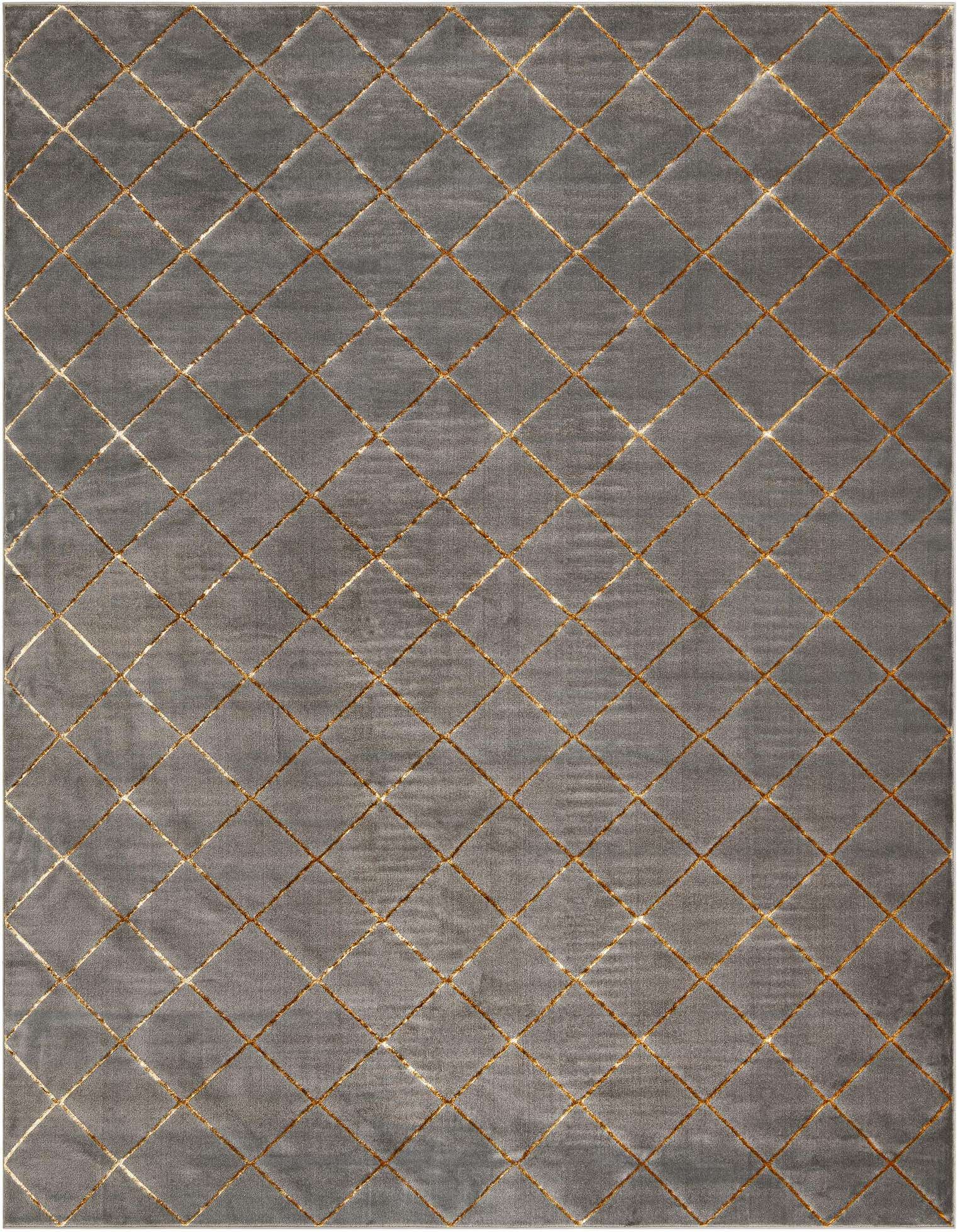 A 10x13 rectangular gray area rug with a repeating gold diamond pattern, suitable for a living room.