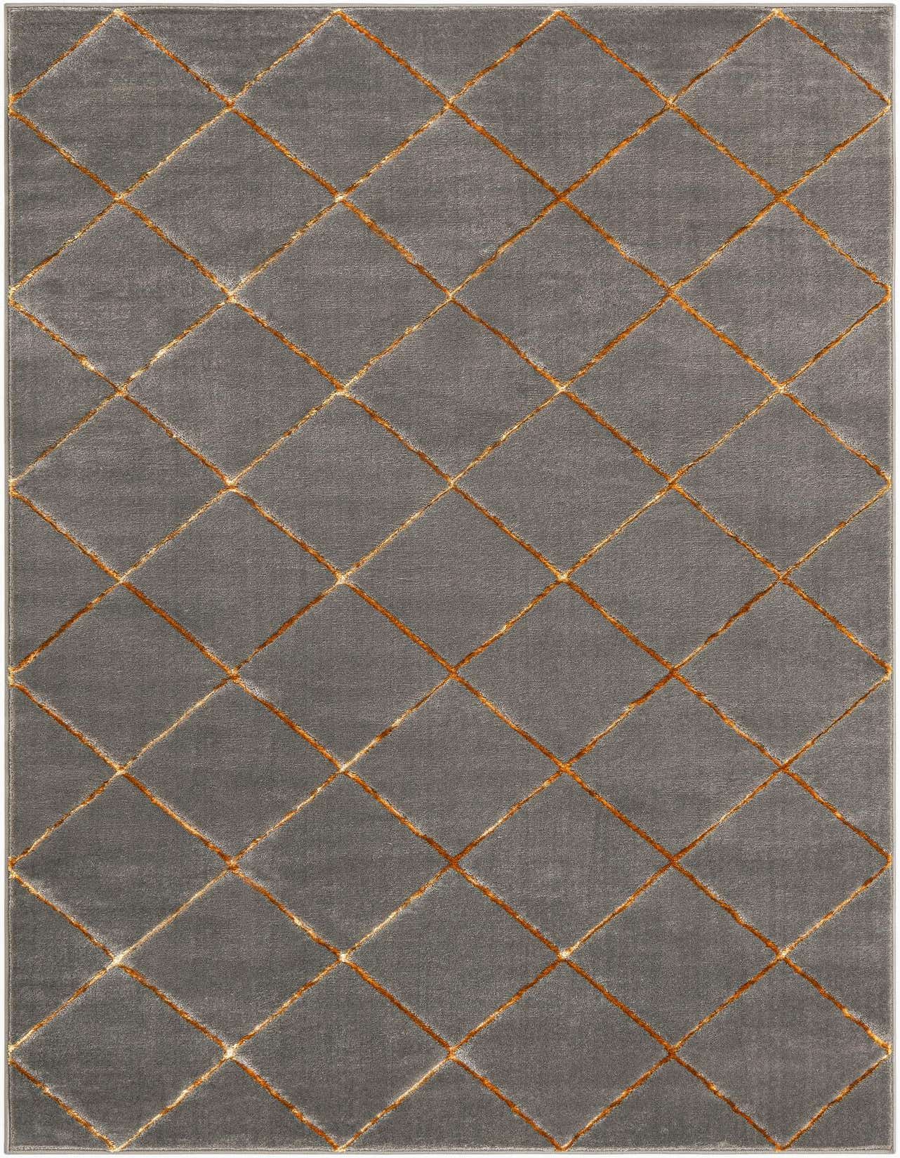 A 5x8 rectangular gray area rug with a textured gold diamond trellis pattern, suitable for a modern living room.