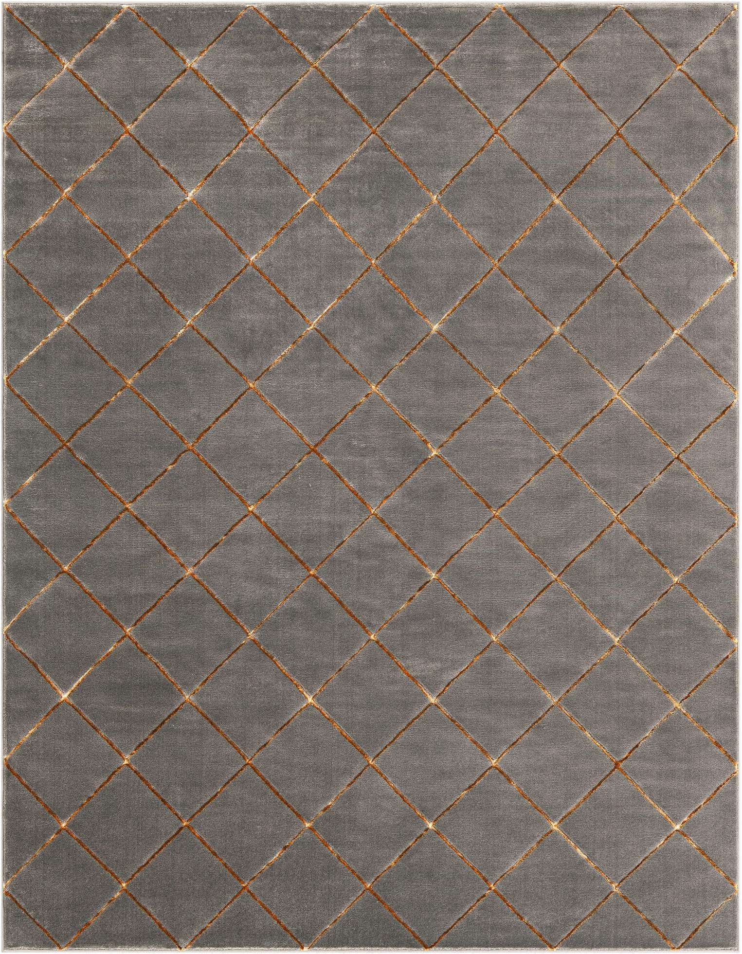 A rectangular 8x10 gray area rug with a repeating gold diamond pattern, featuring a medium, textured pile.