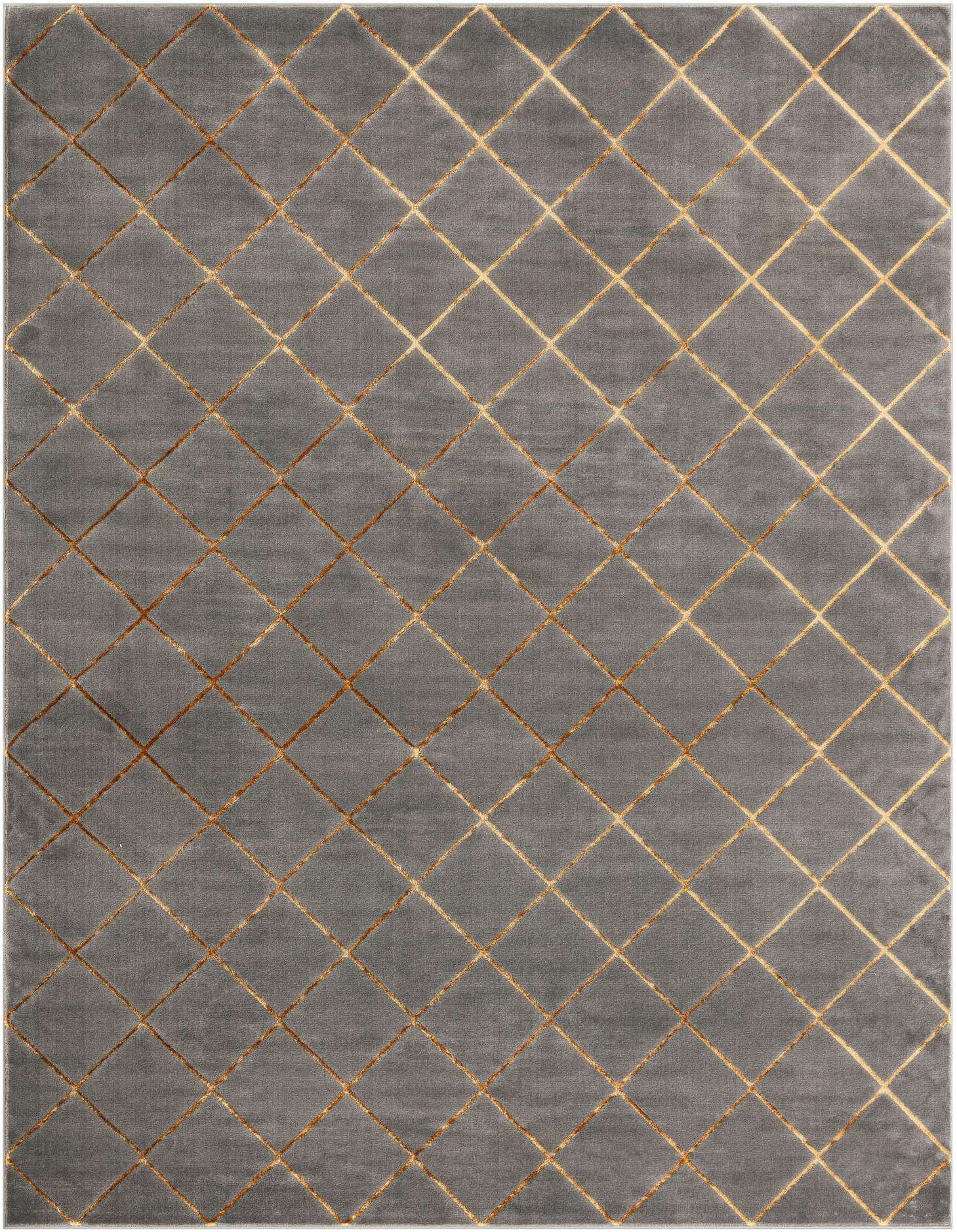 A 9x12 rectangular gray area rug with a repeating gold diamond pattern, suitable for a modern living room.