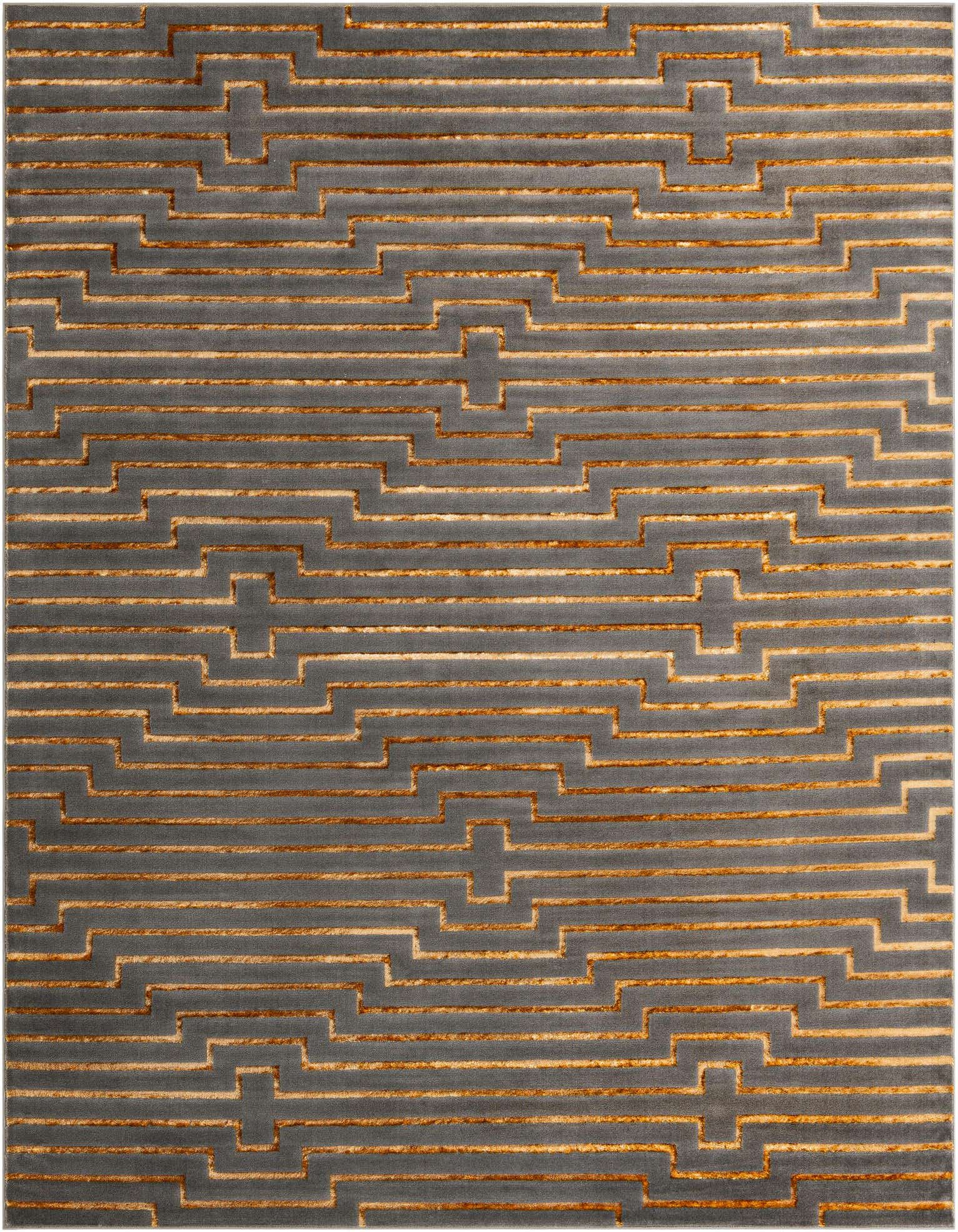 A 10x13 rectangular gray and gold area rug with a textured geometric pattern, ideal for a modern living room.